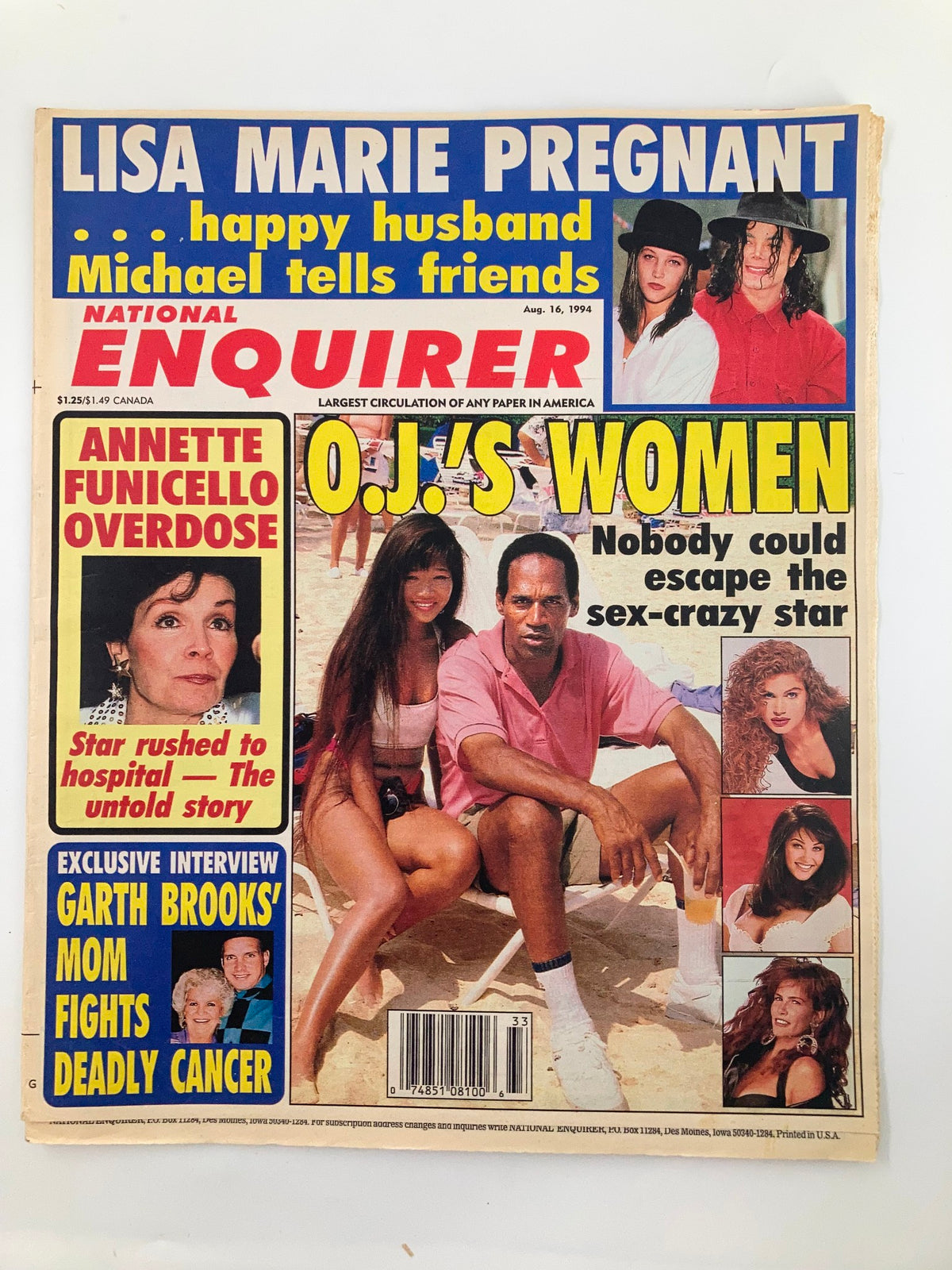 Cover of National Enquirer Magazine August 16 1994 featuring Annette Funicello overdose story and headlines about Lisa Marie Presley and O.J. Simpson.