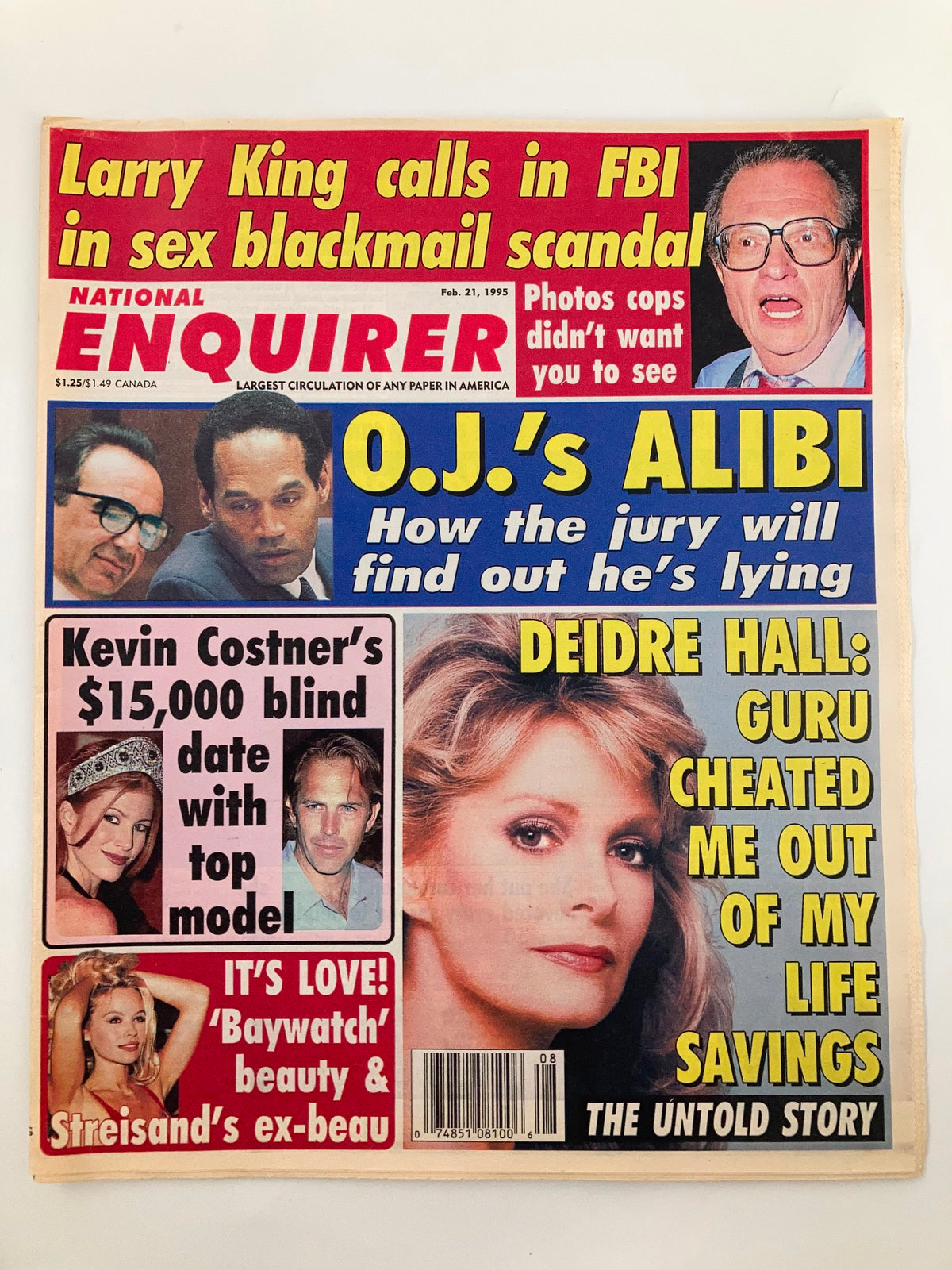Cover of National Enquirer Magazine, February 21, 1995, featuring Deidre Hall and Kevin Costner. Headlines include stories about O.J. Simpson's alibi, a blind date with a top model, and Deidre Hall's experience with a guru.