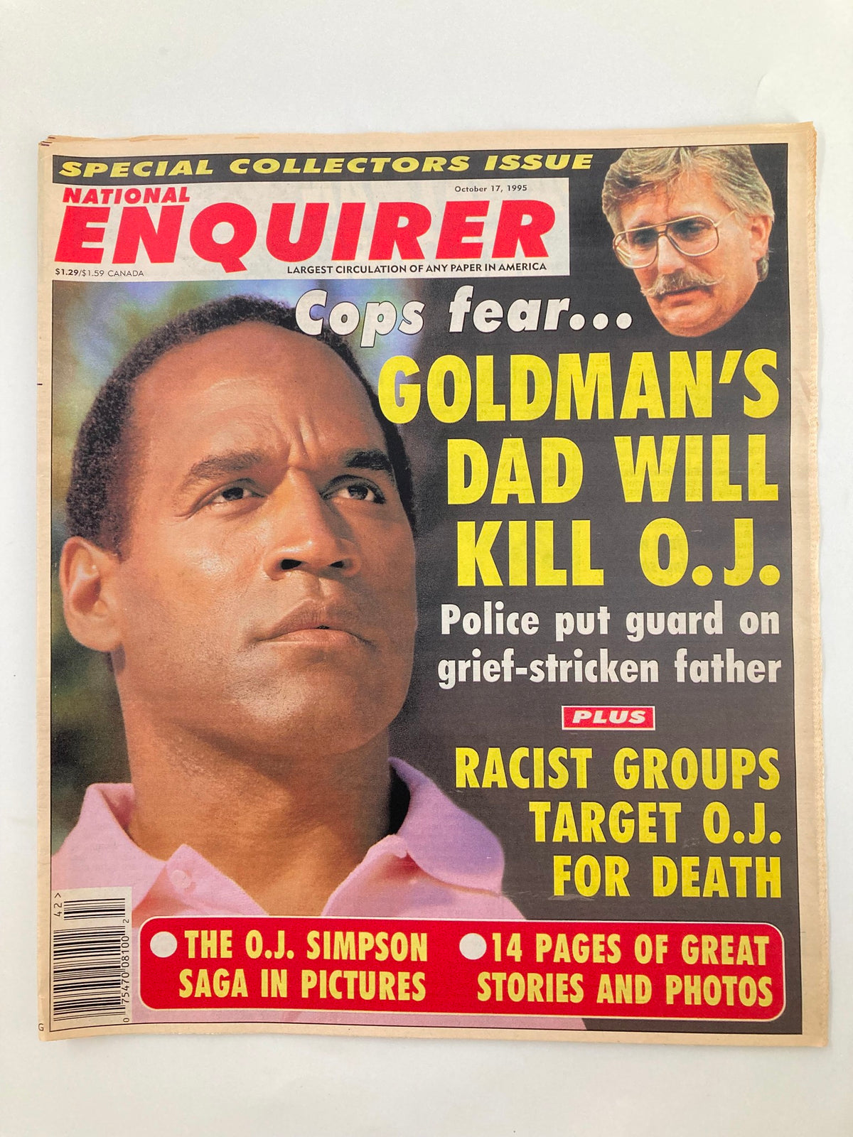 Cover of the National Enquirer Magazine dated October 17, 1995, featuring O.J. Simpson with headlines discussing Ron Goldman's father and threats against Simpson, highlighting a key cultural moment related to the infamous O.J. Simpson case.