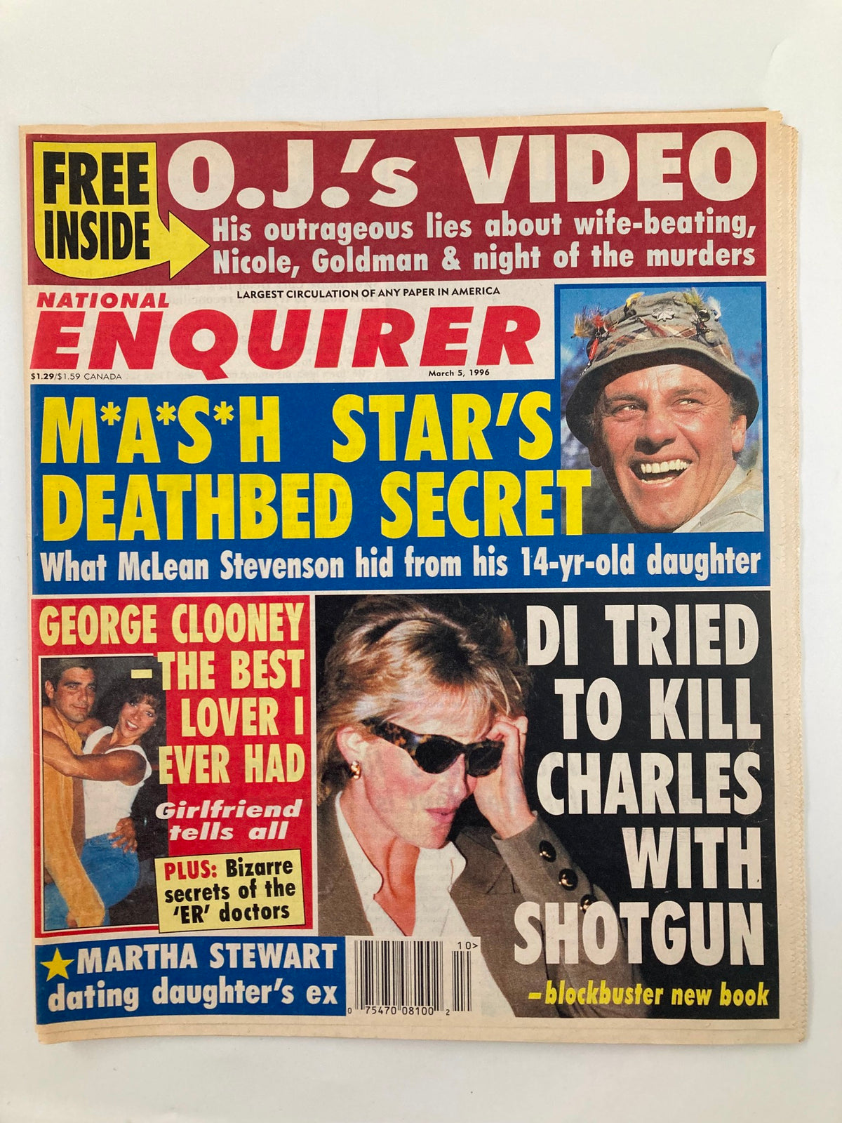 Cover of National Enquirer Magazine March 5, 1996 featuring headlines about Princess Diana, George Clooney, and other celebrity news from the 90s. The issue includes bold headlines related to scandal and pop culture, making it a collectible piece for vintage magazine enthusiasts.