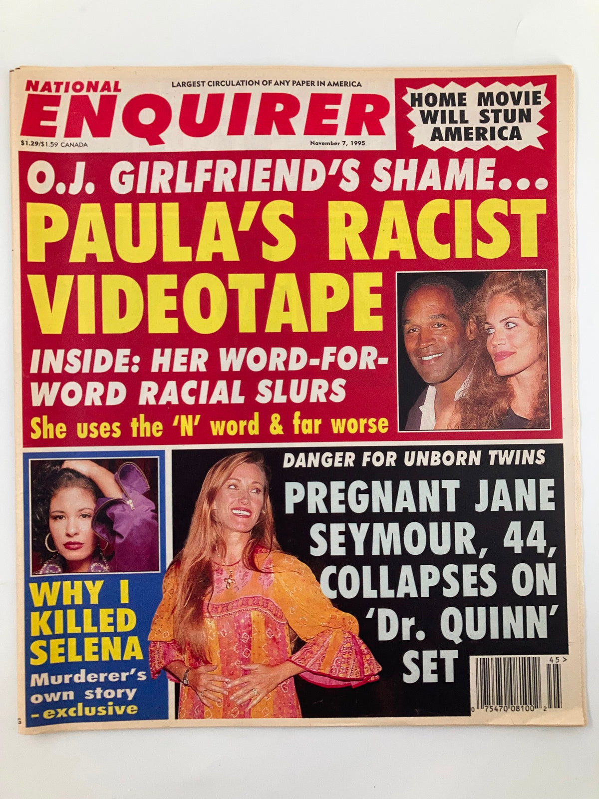 Cover of National Enquirer Magazine dated November 7, 1995, featuring the headline 'Why I Killed Selena' alongside images and stories related to pop culture and celebrity news.