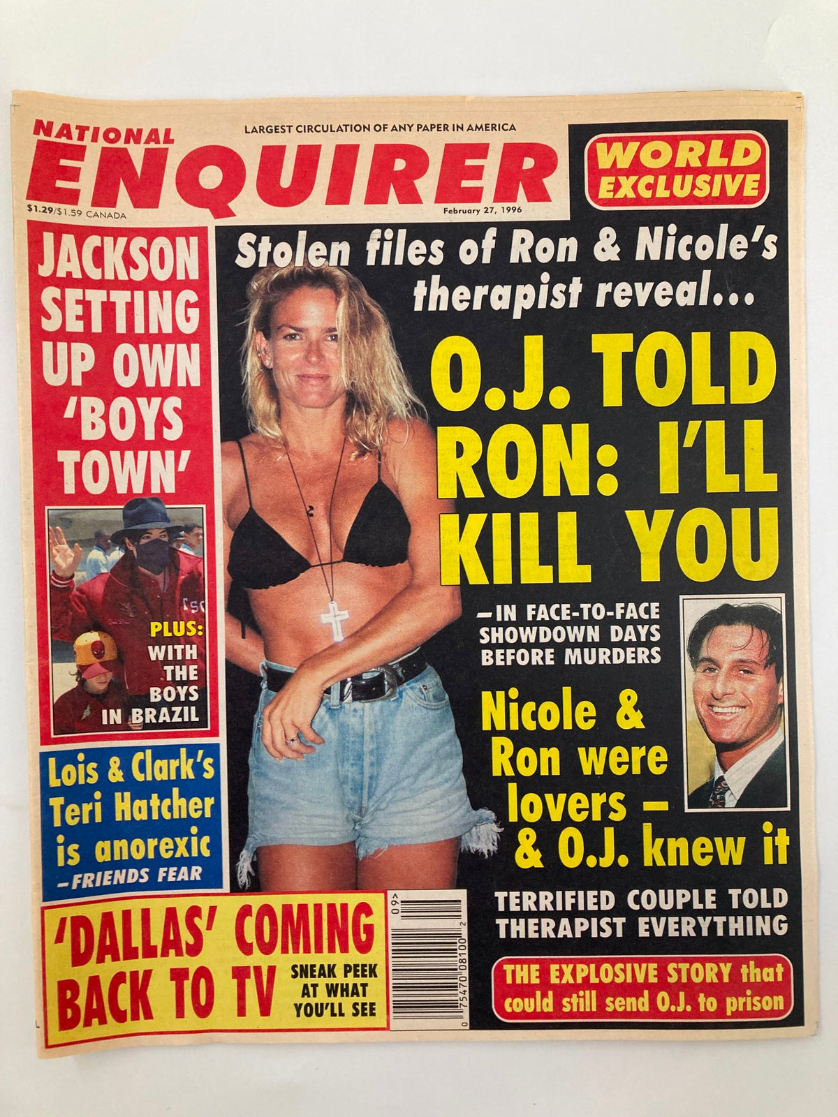 National Enquirer Magazine from February 27, 1996 featuring a cover story about Nicole Brown and Ron Goldman's relationship, including the headline discussing O.J. Simpson. The magazine captures a significant moment in tabloid journalism, showcasing vintage design and captivating headlines related to celebrity scandals.
