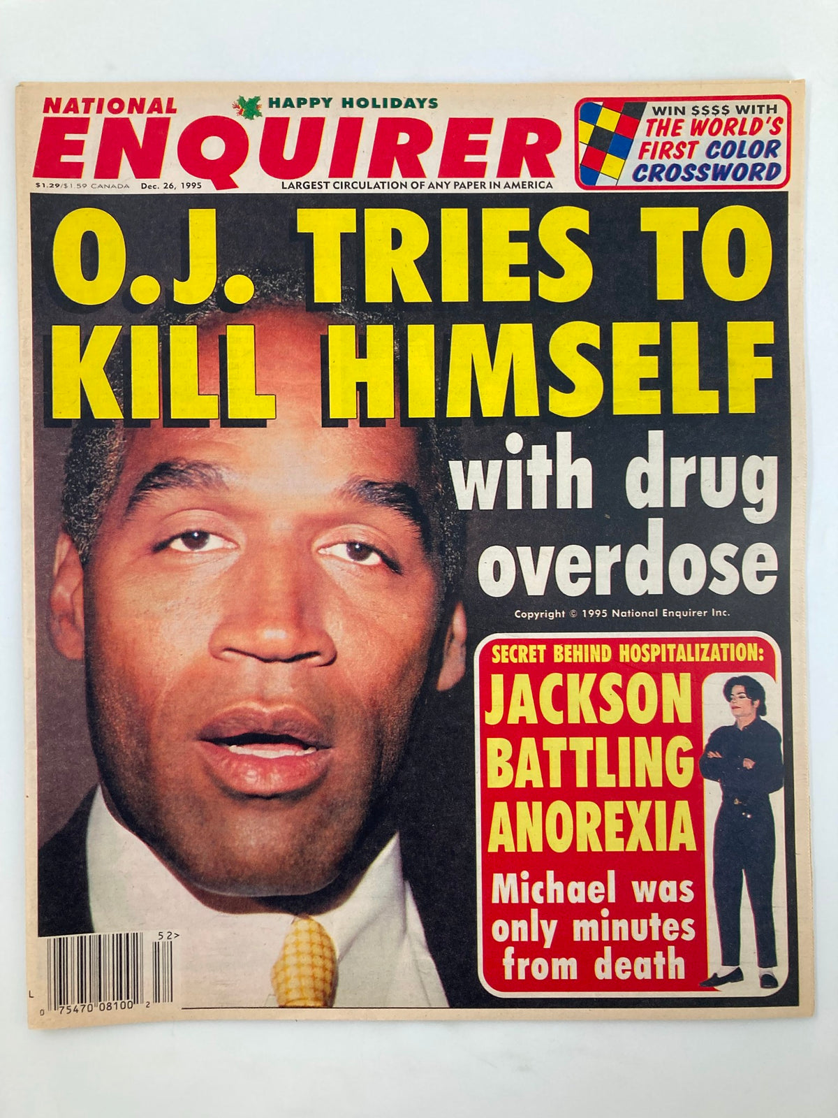 Cover of National Enquirer Magazine December 26, 1995 featuring O.J. Simpson with the headline 'O.J. Tries To Kill Himself with Drug Overdose' and a sidebar on Michael Jackson battling anorexia, showcasing two prominent celebrities of the 1990s.
