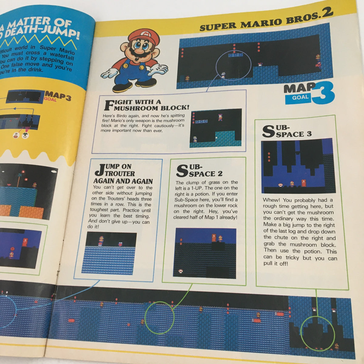 Game strategies page from Nintendo Power Magazine 1989 Super Mario Bros 2 Inside Out, with illustrations and tips for navigating challenging levels and defeating enemies.