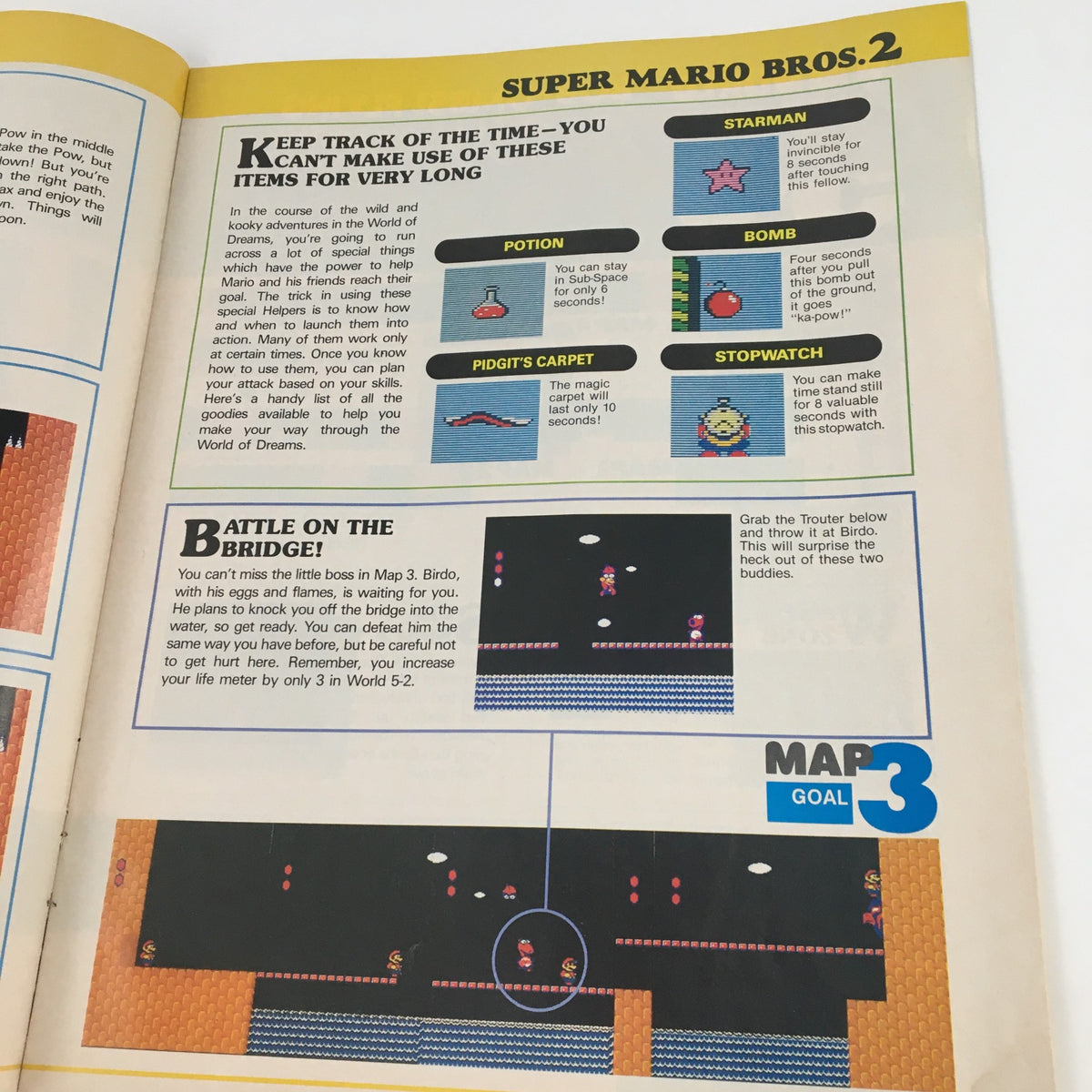 Tips and item usage page from Nintendo Power Magazine 1989 Super Mario Bros 2 Inside Out, detailing the use of various power-ups and strategies to succeed in the game.