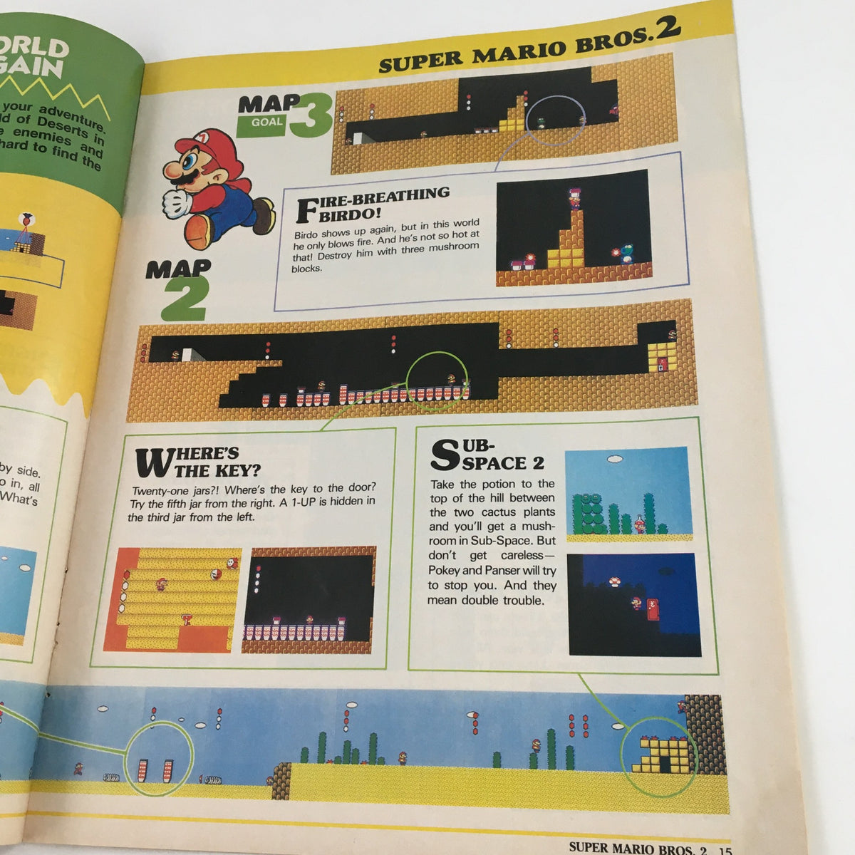 Gameplay strategies for map challenges from Nintendo Power Magazine 1989 Super Mario Bros 2 Inside Out, featuring Mario and providing guidance for navigating game obstacles.