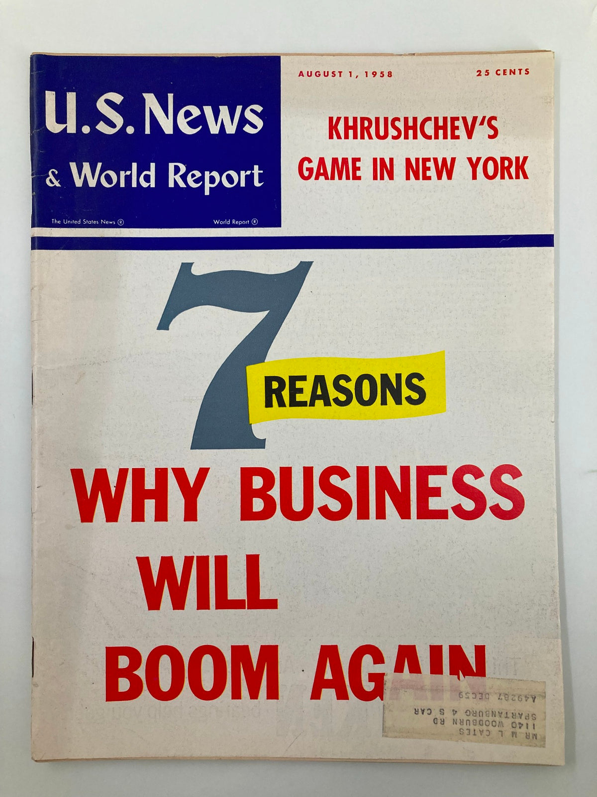 Cover of US News & World Report Magazine August 1 1958 featuring the headline '7 Reasons Why Business Will Boom Again' along with a mention of Khrushchev's visit to New York.