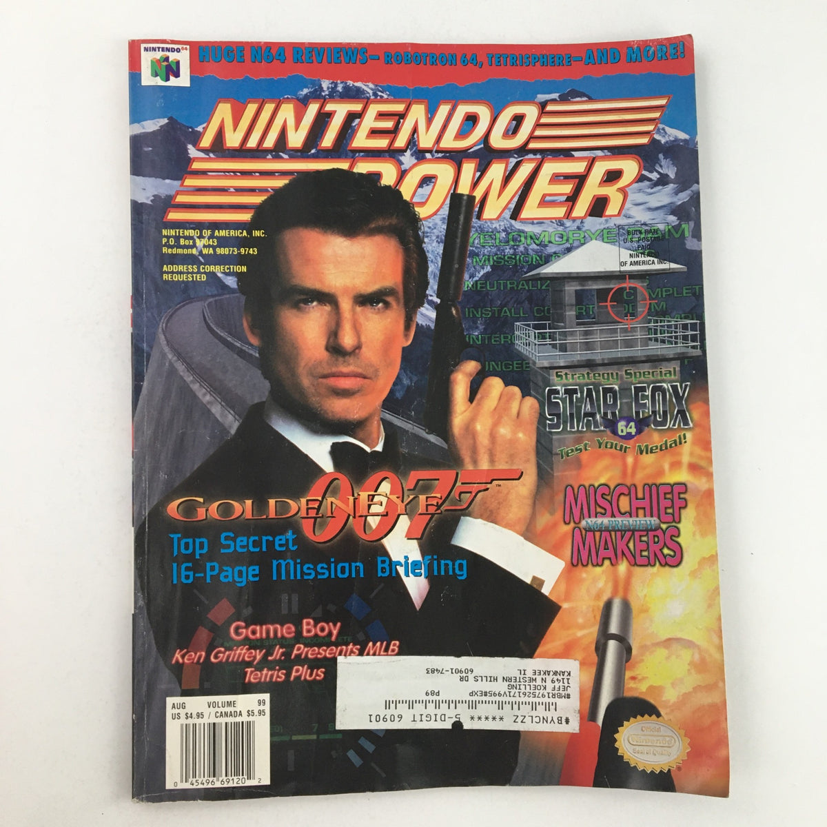 Nintendo Power Magazine August 1997 cover featuring GoldenEye 007 and Star Fox 64. The cover showcases a character resembling a famous spy, with the title prominently displayed.