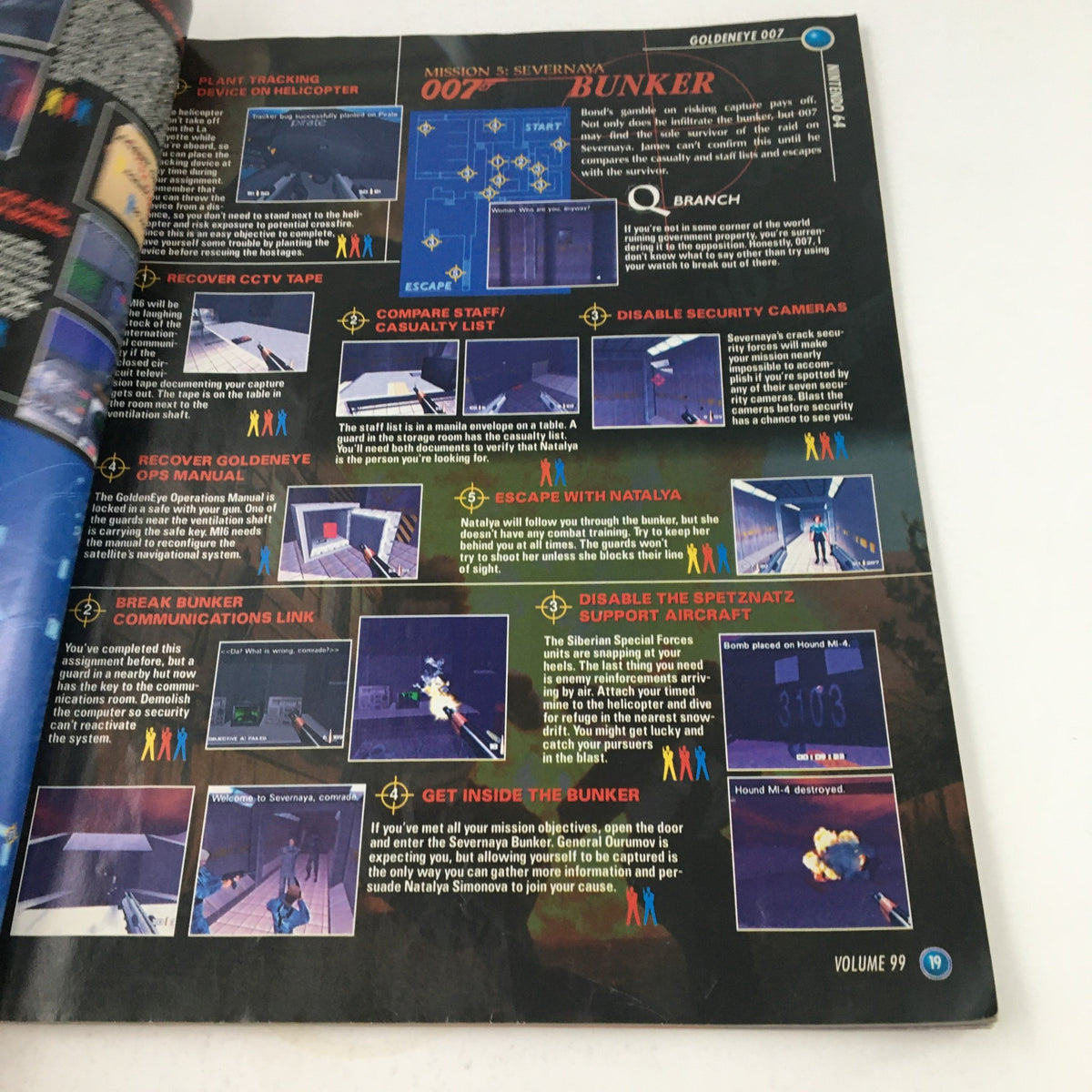 Gameplay guide from Nintendo Power Magazine August 1997 for GoldenEye 007, detailing mission strategies and objectives for the game.