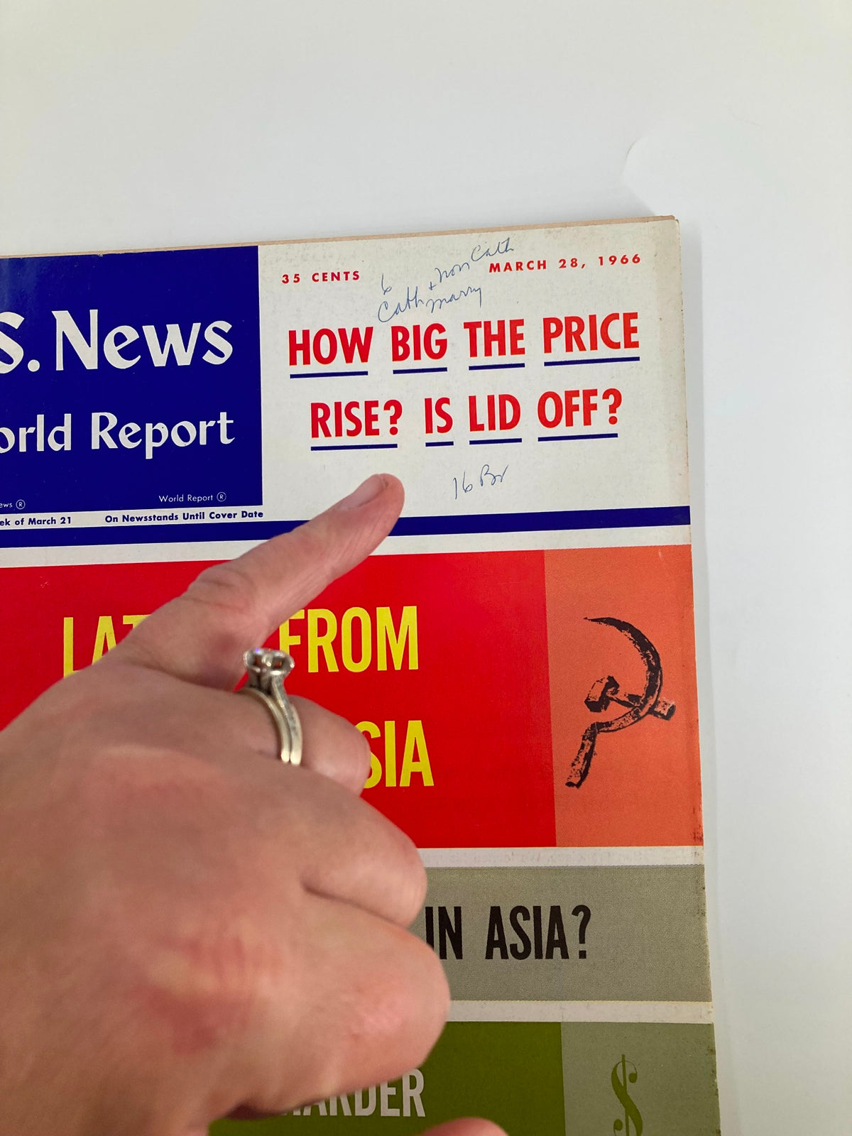 Close-up of the US News & World Report Magazine March 28 1966 cover emphasizing the question 'How Big The Price Rise? Is Lid Off?' with handwritten annotations.
