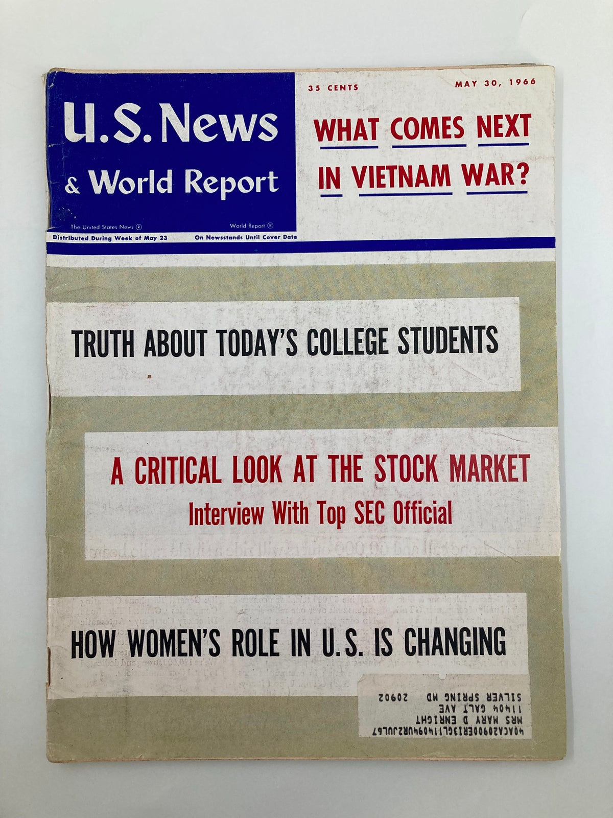 Cover of the US News & World Report Magazine from May 30, 1966, featuring a critical look at the stock market, along with headlines on the Vietnam War, college students, and women's roles in the U.S.