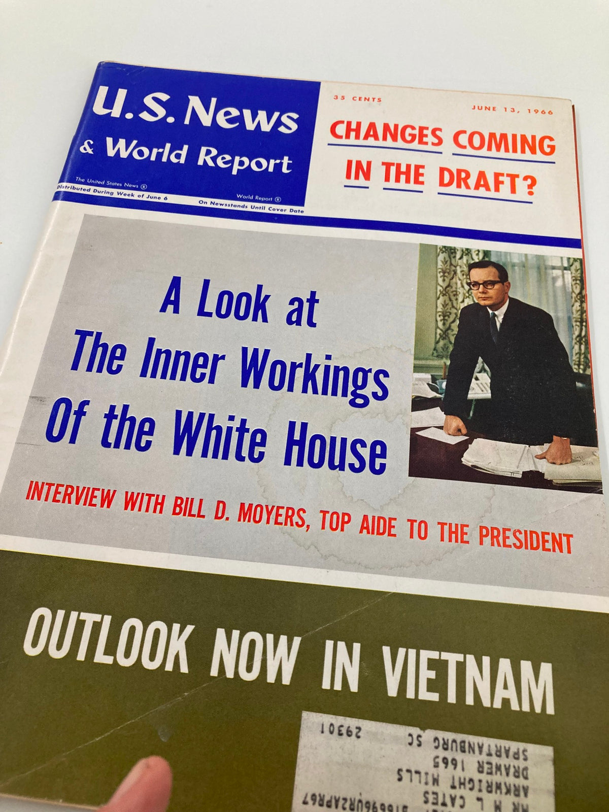 Cover image of US News & World Report Magazine dated June 13, 1966, highlighting 'Changes Coming In The Draft?' alongside an article about the inner workings of the White House and an interview with Bill D. Moyers.