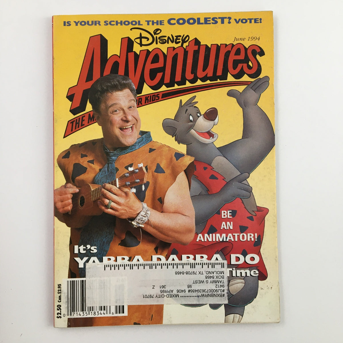 Disney Adventures Magazine June 1994 cover featuring John Goodman as Fred Flintstone, promoting creativity with characters from animated classics.