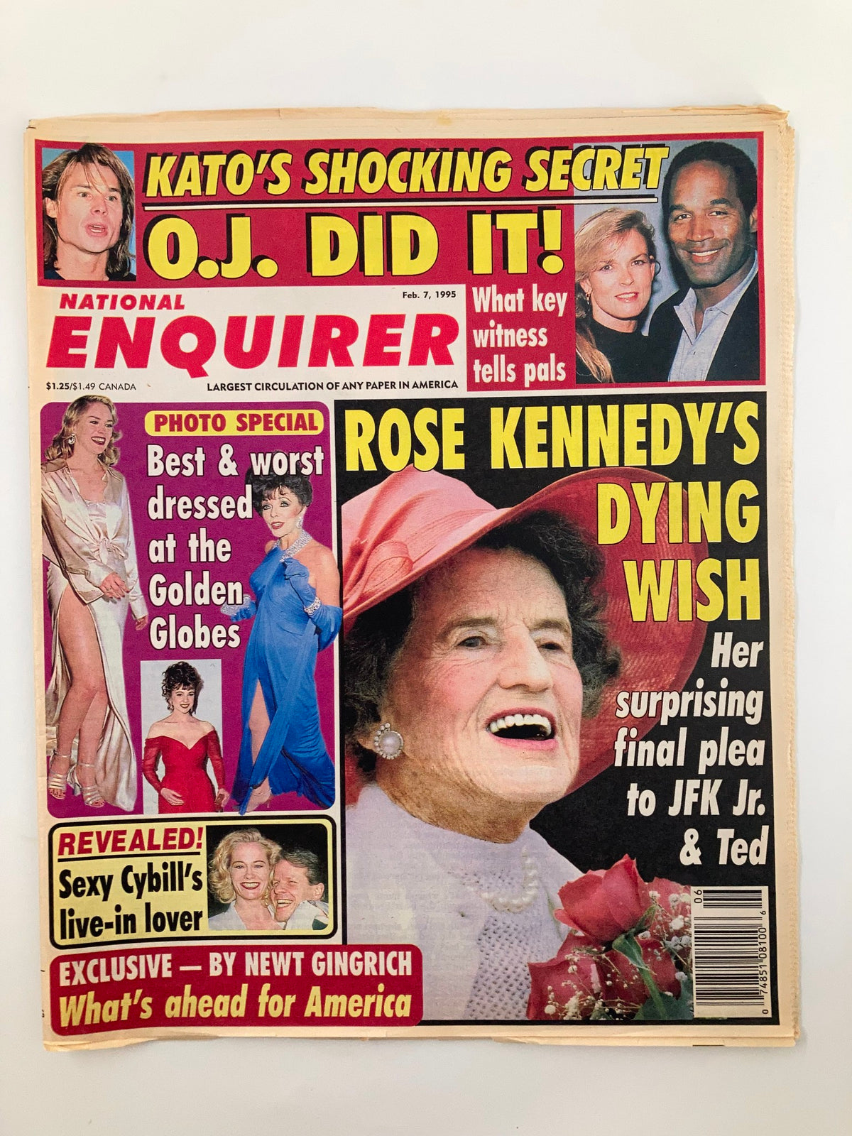 Cover of National Enquirer Magazine from February 7, 1995, featuring the headline 'Rose Kennedy's Dying Wish' along with other sensational stories, providing a glimpse into the iconic Kennedy family's legacy.