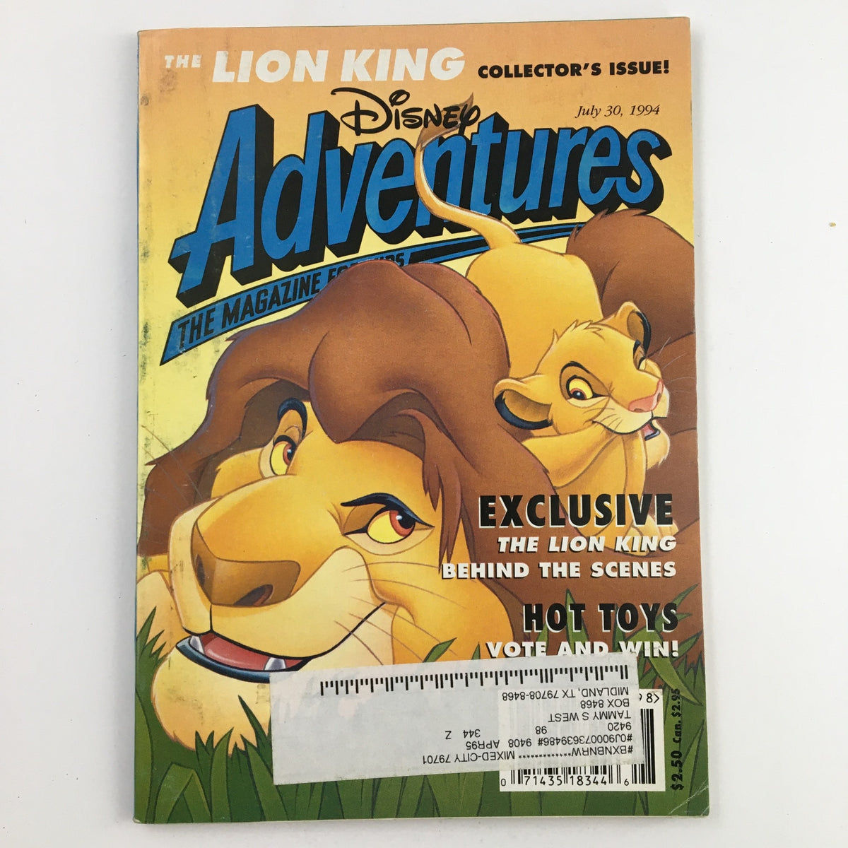 Cover of Disney Adventures Magazine from July 30, 1994 featuring The Lion King, showcasing exclusive behind-the-scenes content with colorful illustrations of iconic characters.