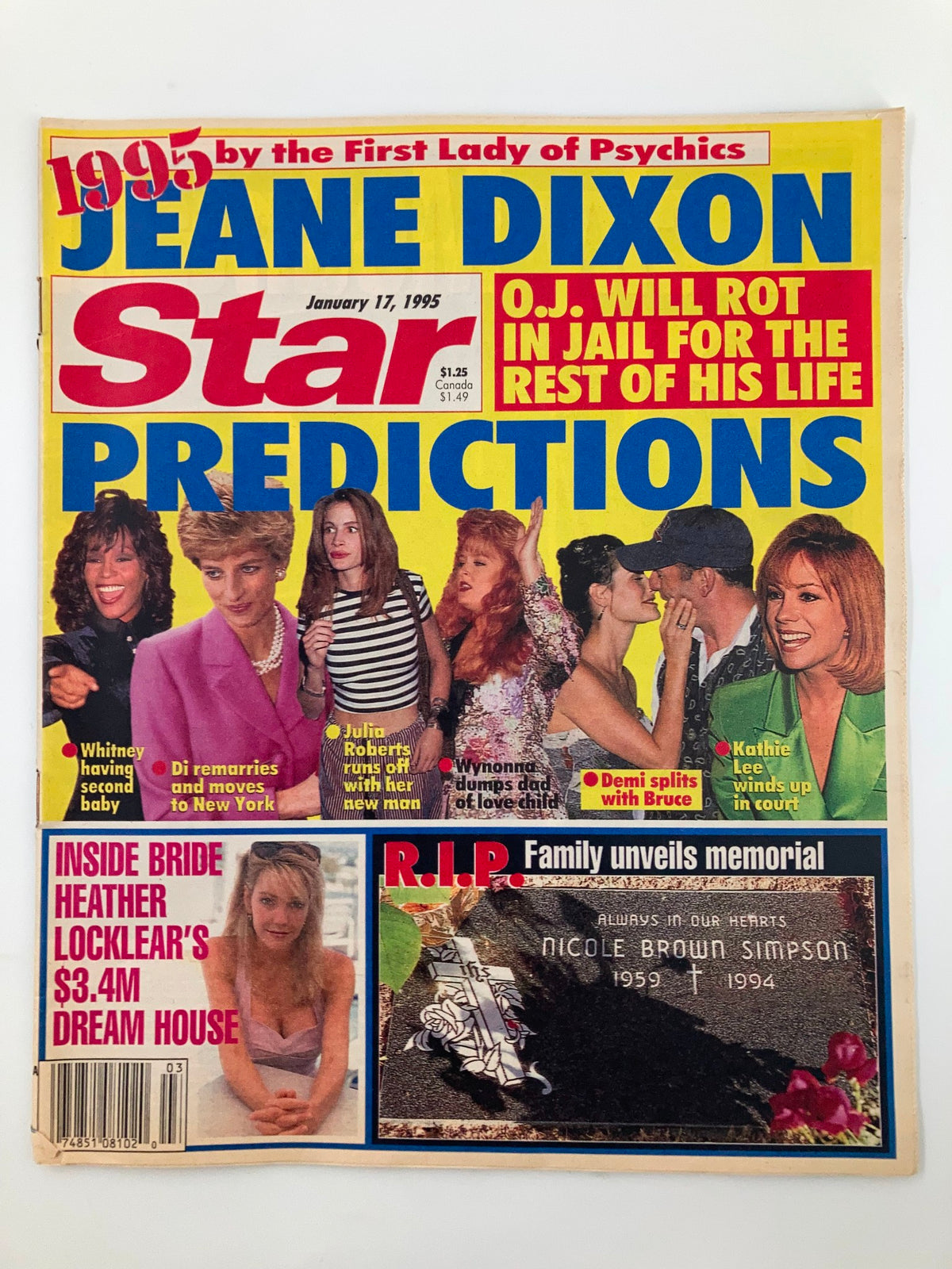 Star Tabloid Magazine cover from January 17, 1995, featuring headlines about Whitney Houston's second baby, Princess Diana's remarrying, and O.J. Simpson's jail predictions, making it a collectible piece of pop culture history.