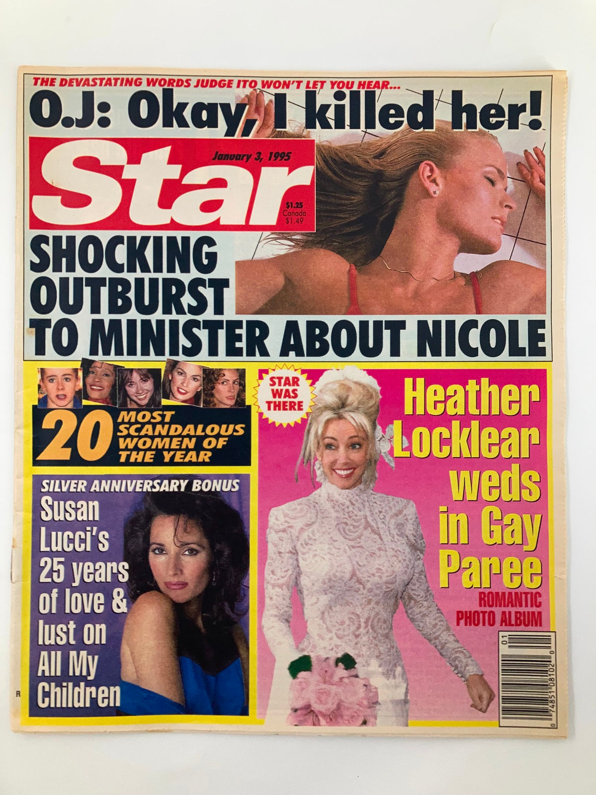 Star Tabloid Magazine January 3 1995 cover featuring prominent headlines including 'O.J. Okay! I killed her!' and photos of stars like Heather Locklear and Susan Lucci, highlighting celebrity news and scandals of the mid-90s.