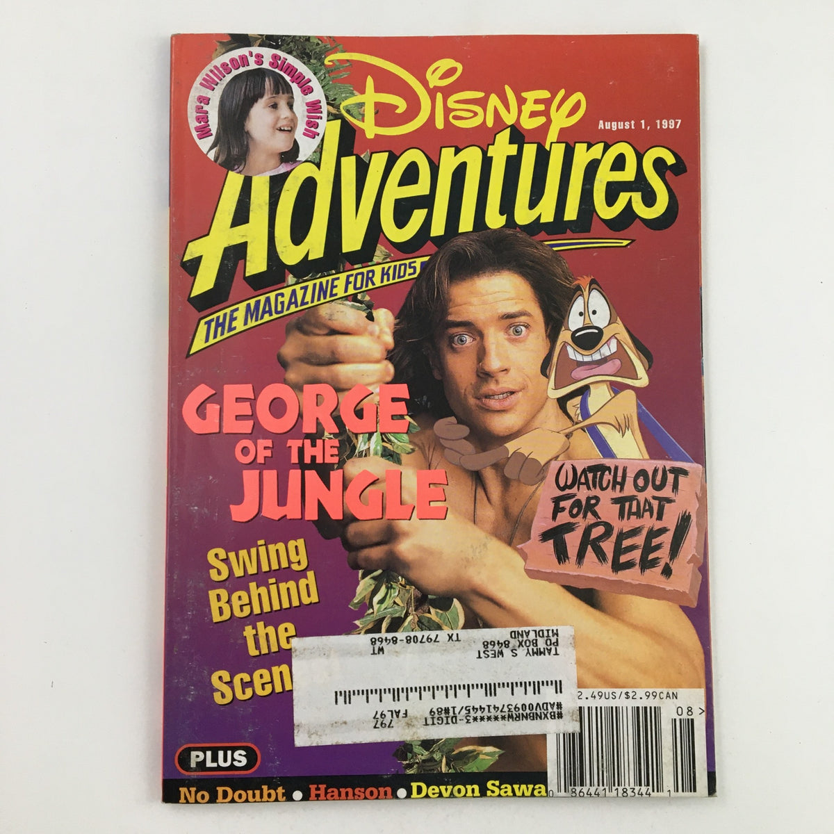 Cover of Disney Adventures Magazine, August 1, 1997 featuring Brendan Fraser as George of the Jungle, with colorful graphics and an image of Mara Wilson, showcasing nostalgic Disney themes and children's entertainment.