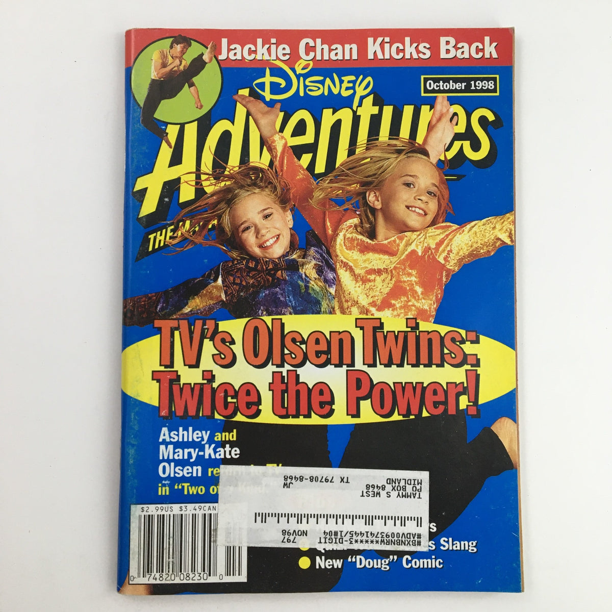 Cover of the Disney Adventures Magazine, October 1998, featuring TV's Ashley and Mary Kate Olsen Twins. The vibrant magazine showcases the twins with the tagline 'Twice the Power!' along with promotional content related to Jackie Chan.
