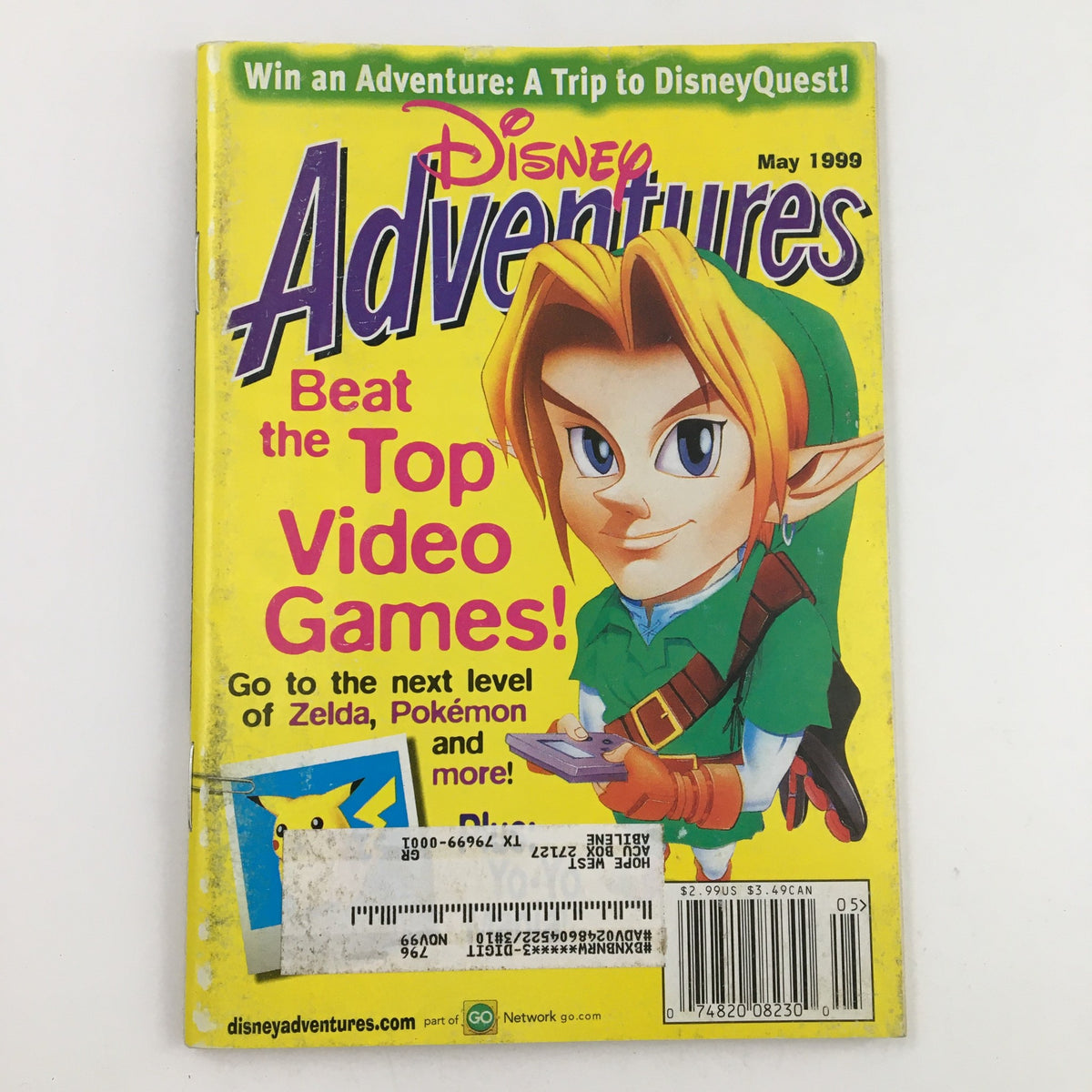 Disney Adventures Magazine May 1999 featuring Link from Zelda on the cover, promoting tips to Beat the Top Video Games including Zelda and Pokémon.