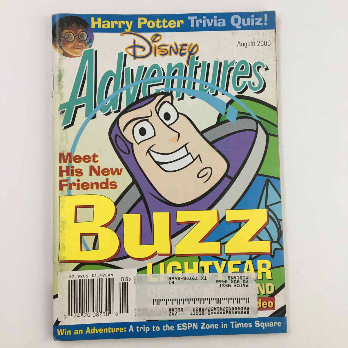 Cover of Disney Adventures Magazine from August 2000 featuring Harry Potter Trivia Quiz and Buzz Lightyear, showcasing characters and nostalgic design.