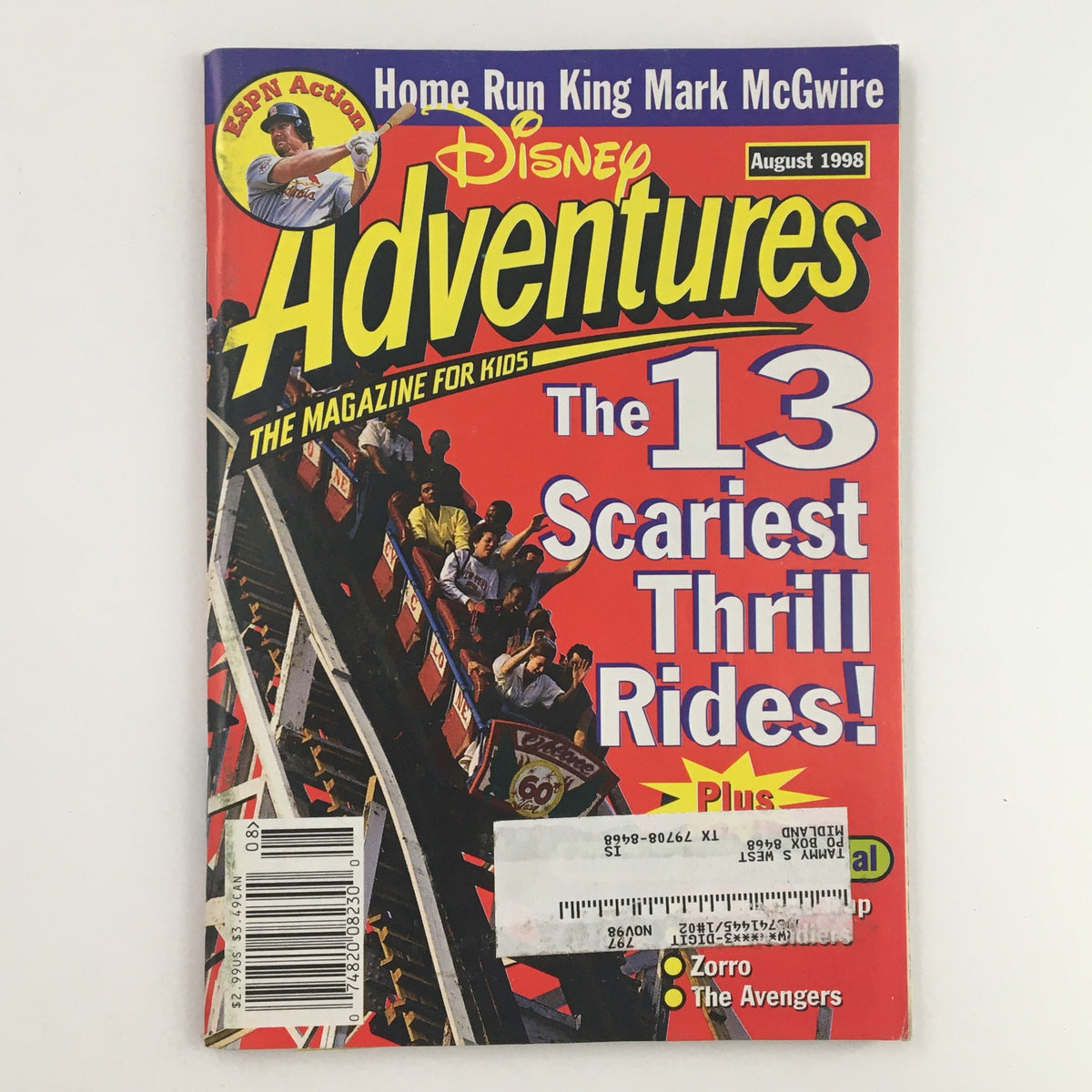 Disney Adventures Magazine from August 1998 featuring Mark McGwire as the Home Run King, showcasing vibrant cover art with a theme of thrilling rides.