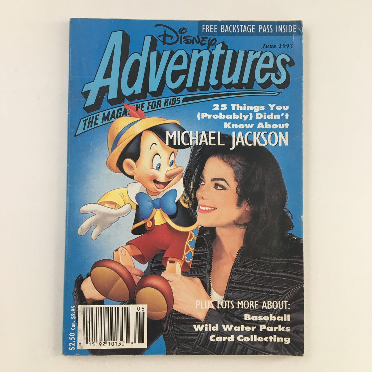 Disney Adventures Magazine June 1993 featuring Michael Jackson and Pinocchio on the cover, showcasing nostalgic pop culture from the early 90s.