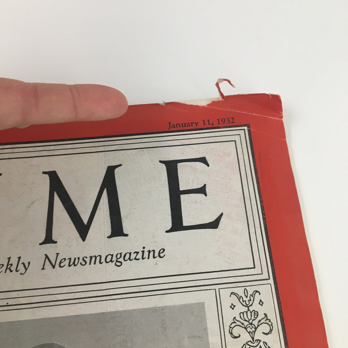 Close-up of Time Magazine cover from January 11, 1932, featuring the date and title clearly visible, highlighting the vintage design typical of early 20th-century publications.