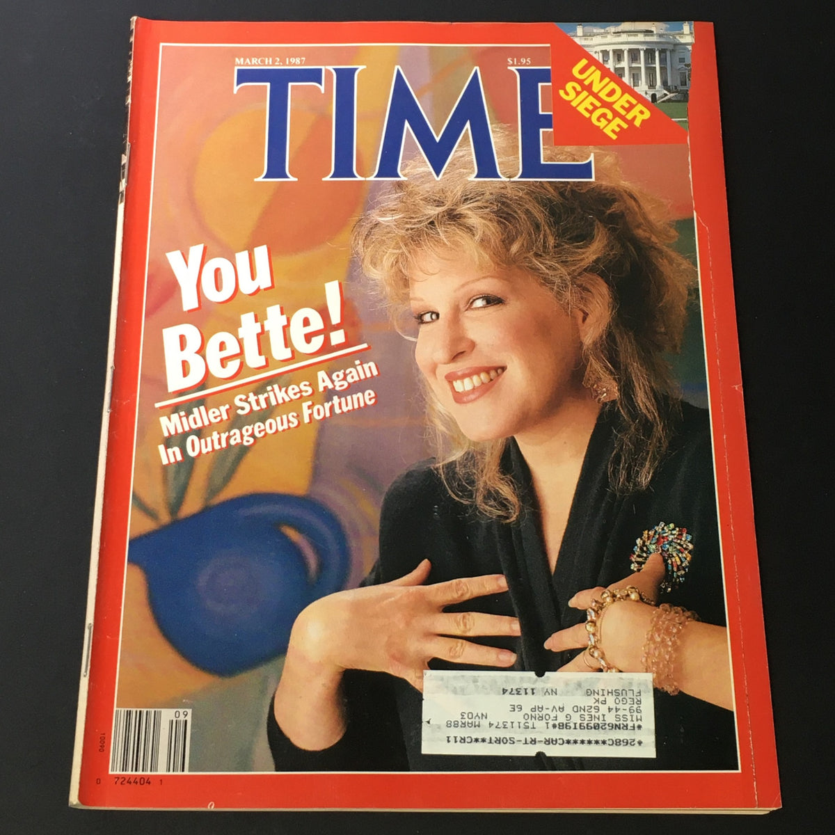 Cover of VTG Time Magazine March 2, 1987 featuring Bette Midler, highlighting her role in 'Outrageous Fortune' and the film 'Under Siege.'