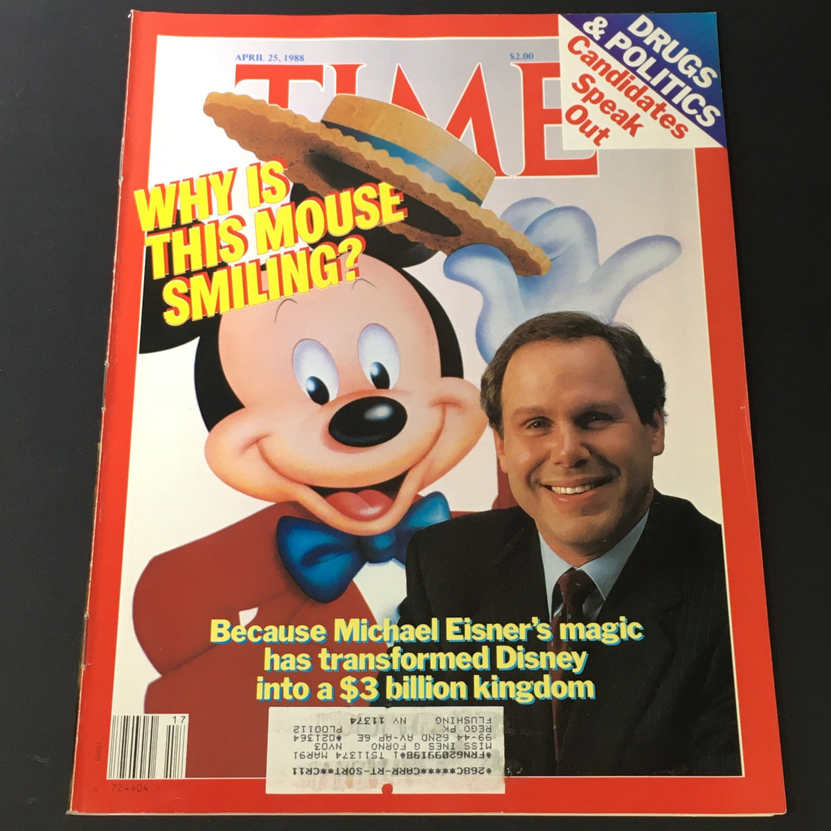 VTG Time Magazine cover from April 25, 1988, featuring Mickey Mouse and Michael Eisner, highlighting Disney's transformation into a $3 billion kingdom.