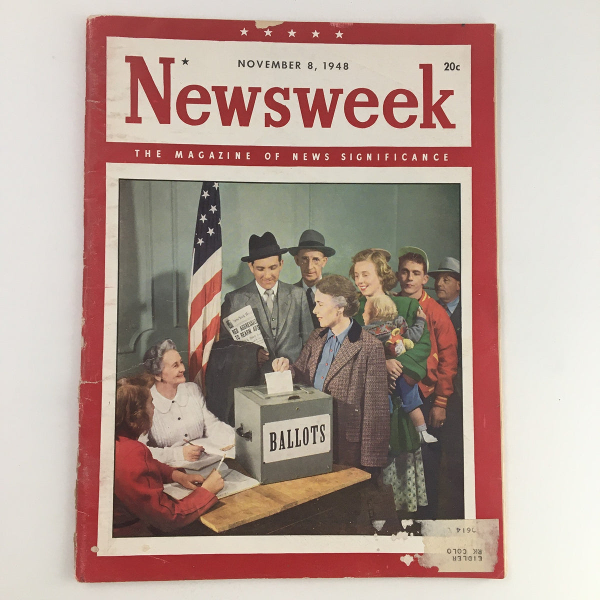 Cover of Newsweek Magazine November 8, 1948 featuring a voting scene with people at a ballot box, reflecting the political climate of post-World War II America.