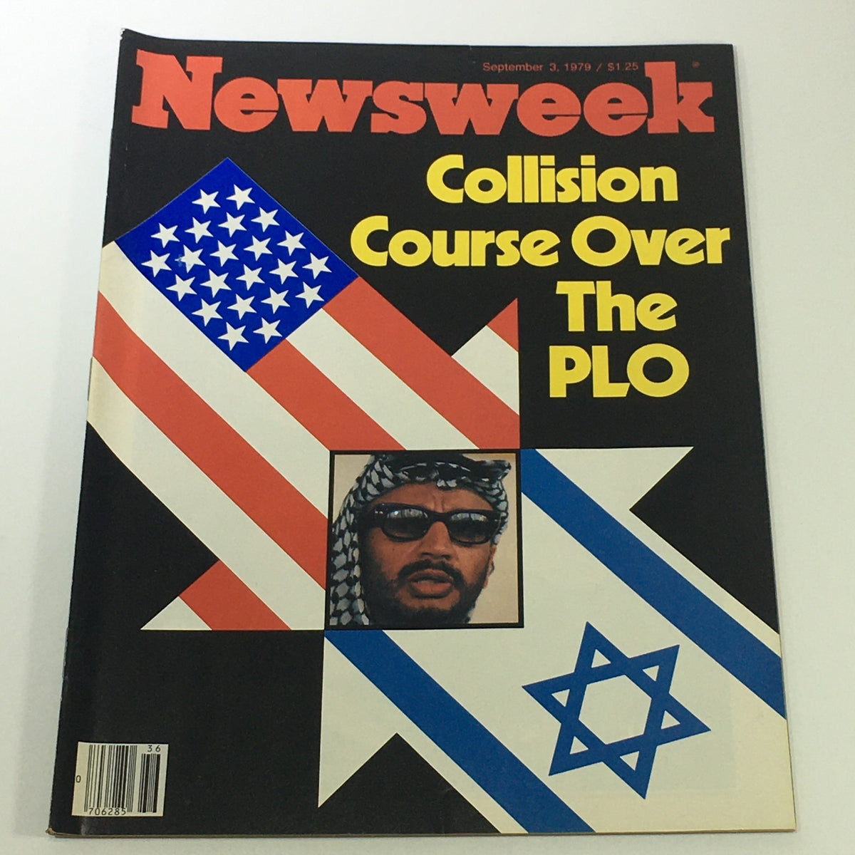 Vintage Newsweek Magazine from September 3, 1979, featuring the title 'Collision Course Over The PLO'. The cover displays a striking design with the American flag and the Star of David, along with an image of a man wearing sunglasses and a traditional keffiyeh, representing the geopolitical tensions during that era.