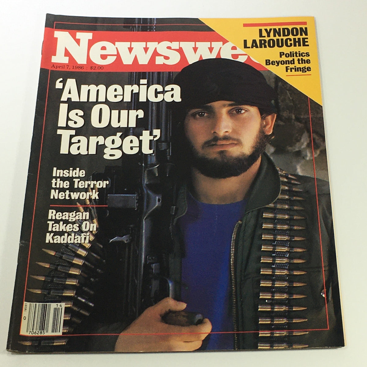 VTG Newsweek Magazine April 7 1986 cover featuring a soldier with a firearm, headline 'America Is Our Target,' and article details about Reagan taking on Muammar al-Gaddafi.