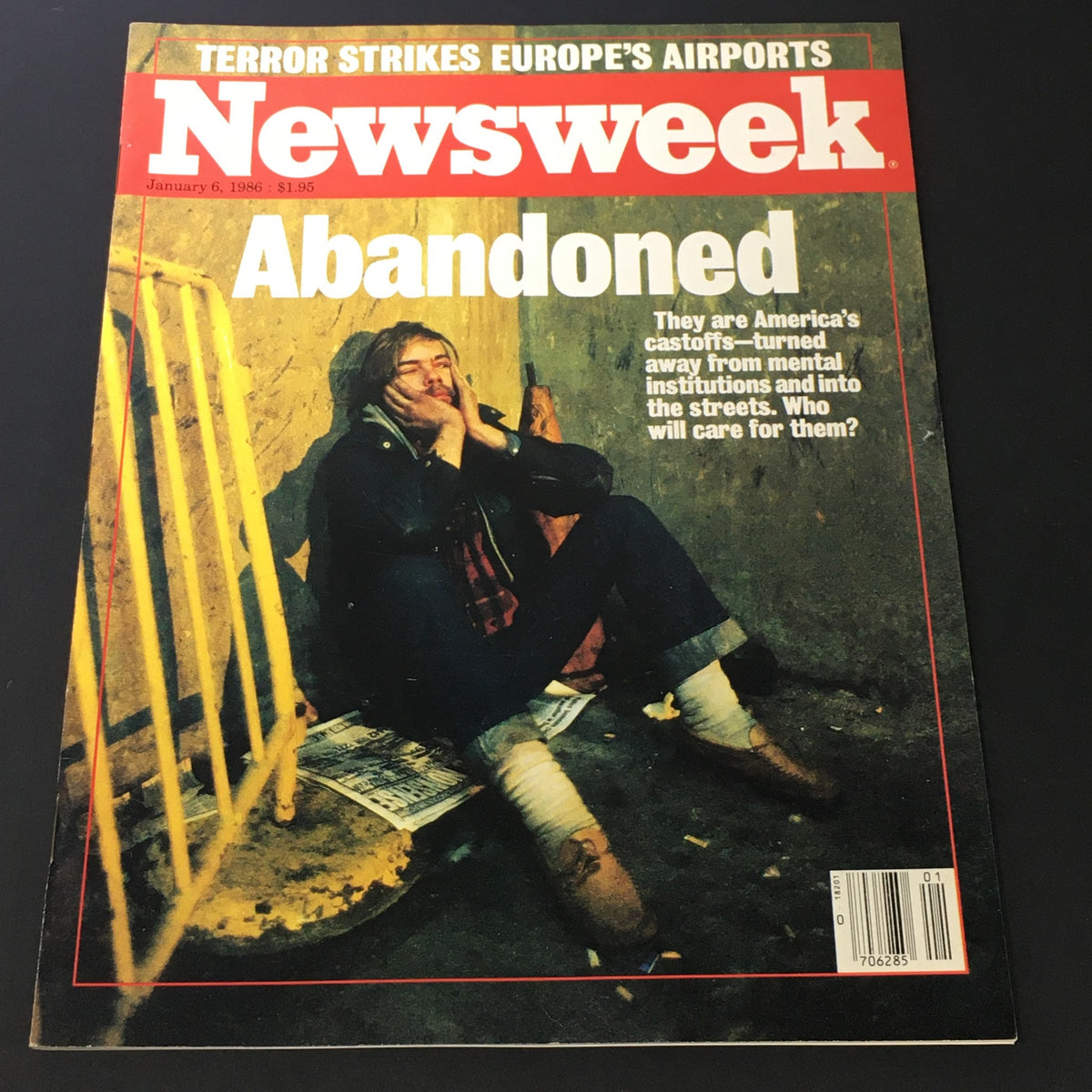 Cover of VTG Newsweek Magazine January 6 1986 featuring the headline 'Abandoned' with a poignant image discussing the issue of America's castoffs turned away from mental institutions. The cover highlights the theme 'Terror Strikes Europe's Airports'.