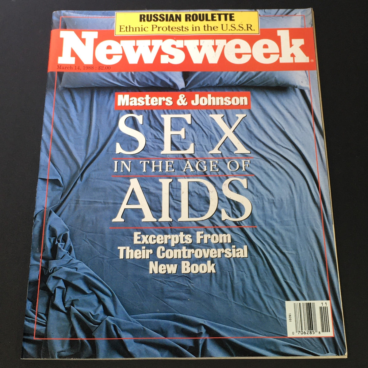 Vintage Newsweek Magazine from March 14, 1988 featuring a cover story on Masters & Johnson discussing sex in the age of AIDS, visually characterized by a blue fabric background and bold text.