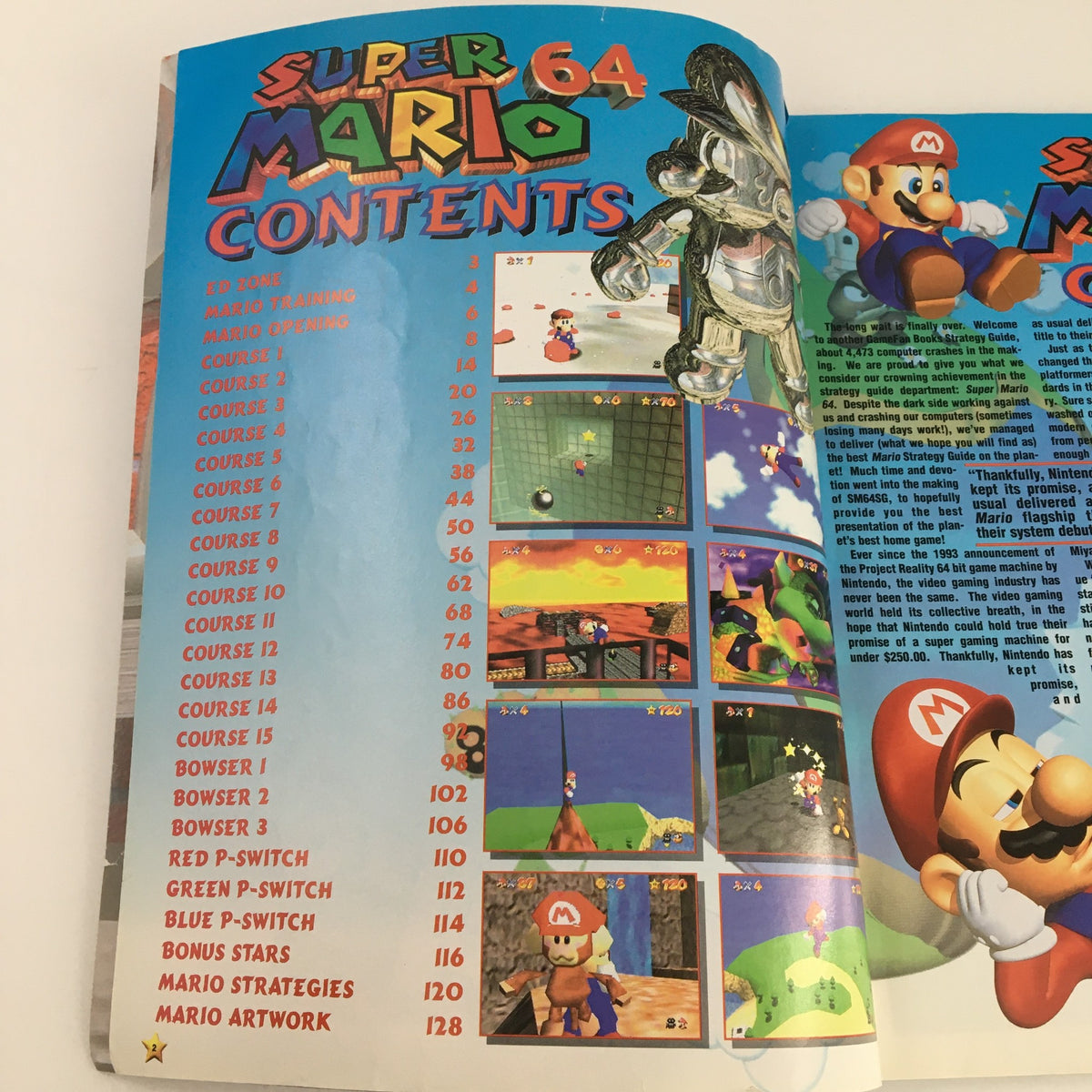 Interior page from GameFan Books Super Mario 64 Strategy Guide No Label featuring table of contents with course listings and game strategies.