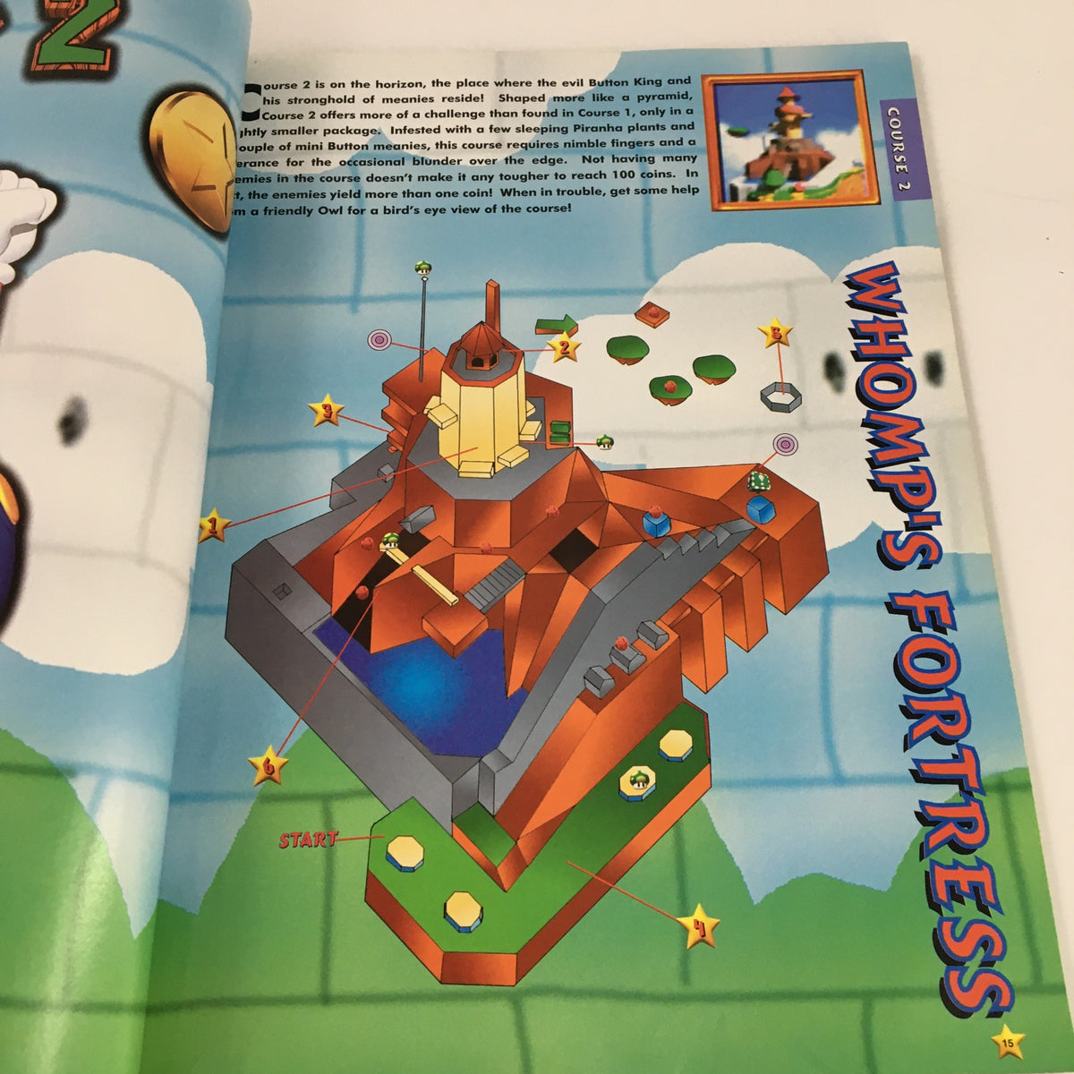 GameFan Books Super Mario 64 Strategy Guide No Label page displaying a detailed map of Whomp's Fortress level, enhancing gameplay insights.