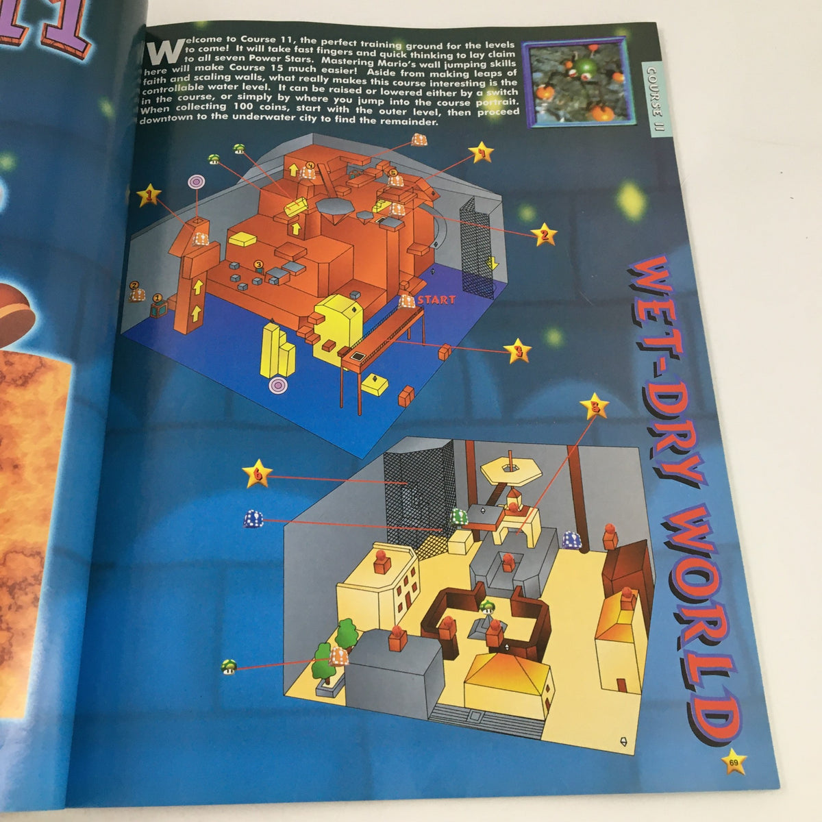 Inside page of GameFan Books Super Mario 64 Strategy Guide No Label illustrating Wet-Dry World map with strategies for navigating the level.
