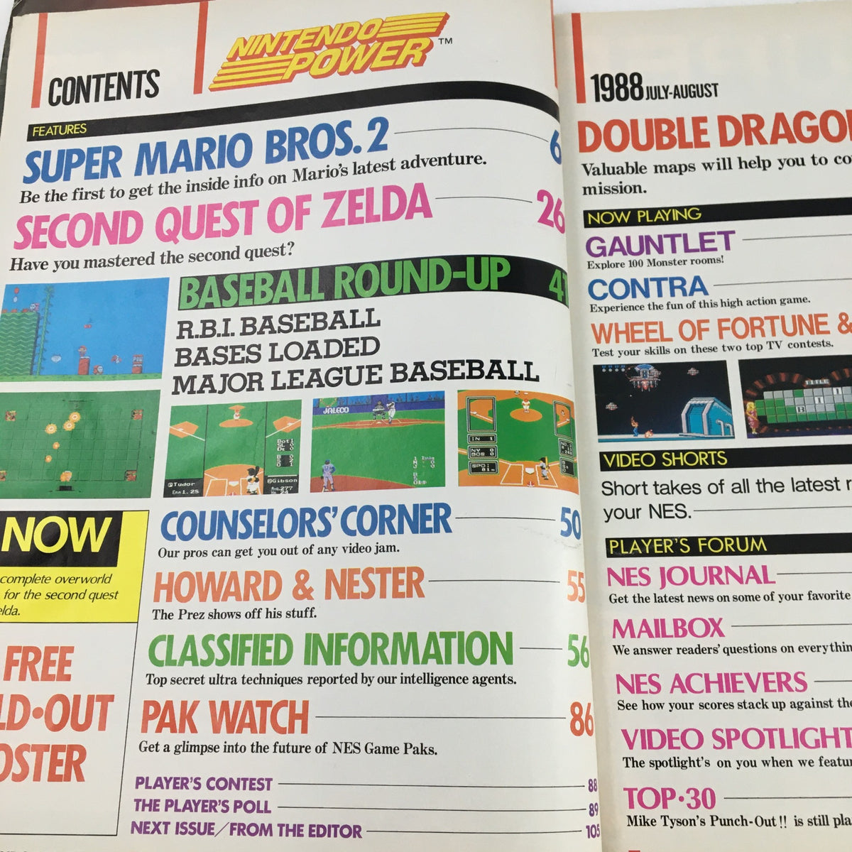 Table of contents from Nintendo Power Magazine July 1988 featuring articles on Super Mario Bros. 2, Zelda, and more.