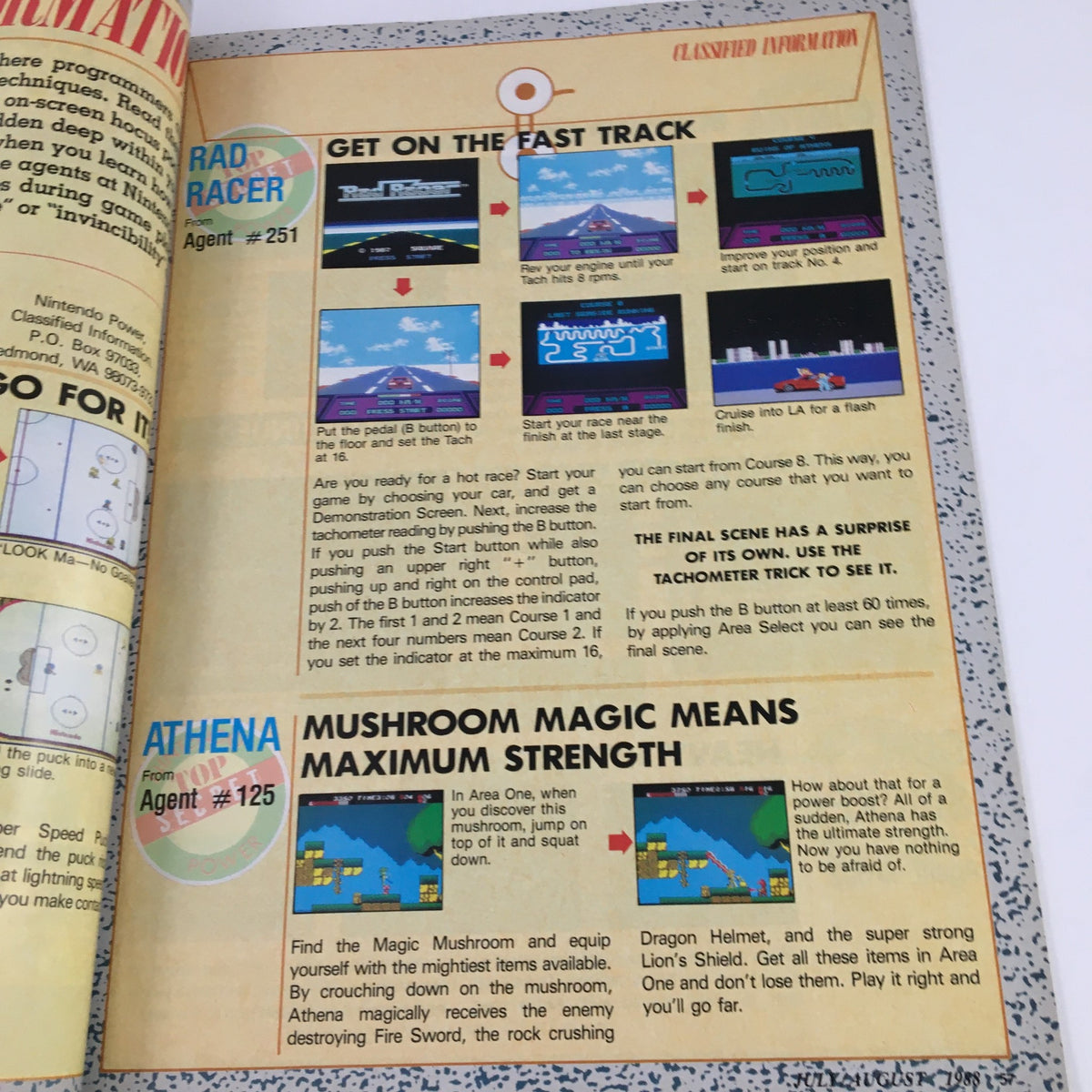 Classified Information page from Nintendo Power Magazine July 1988 with gaming strategies for Rad Racer and Athena.