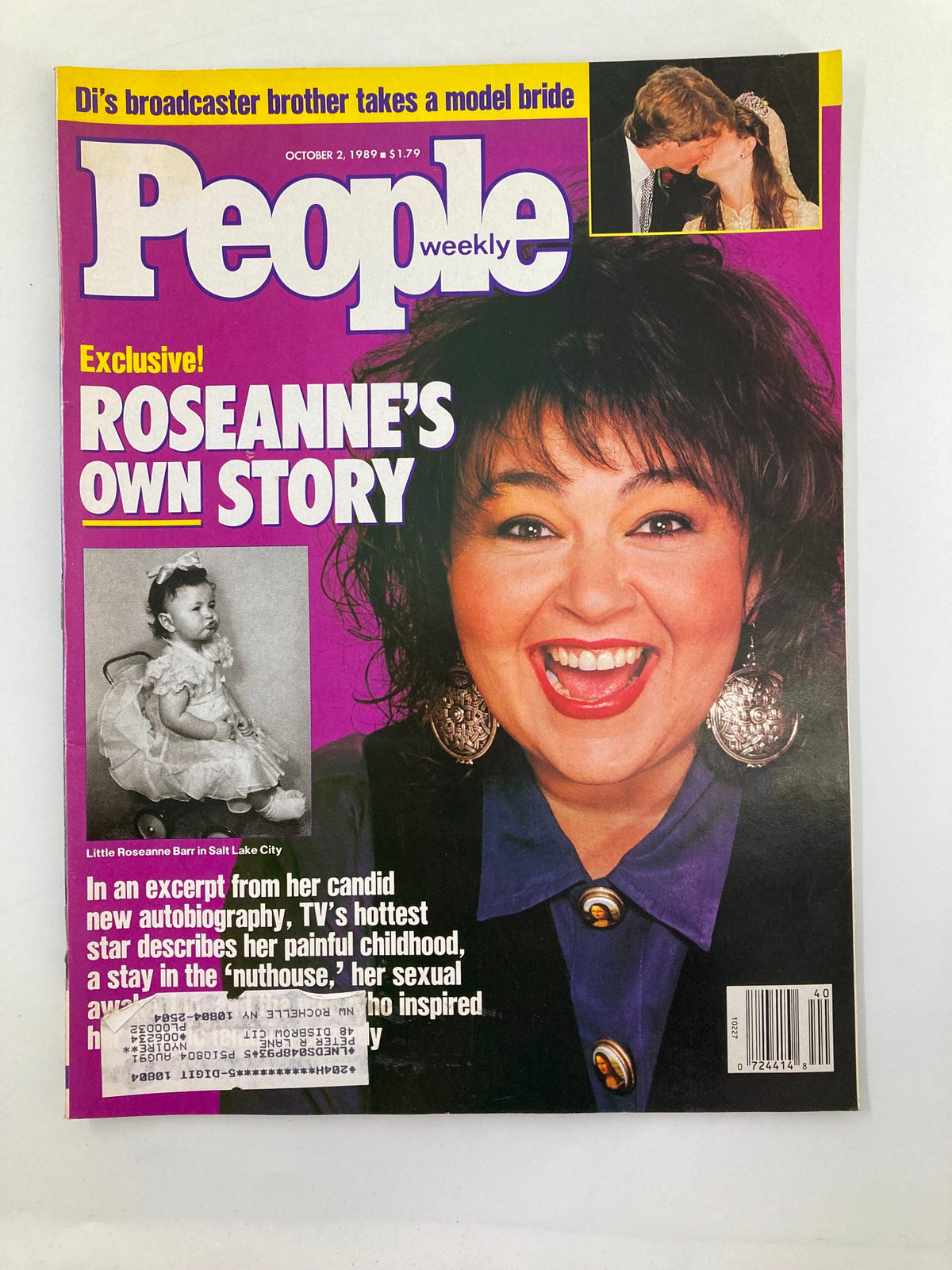 Vintage People Weekly Magazine from October 2, 1989 featuring Roseanne Barr's exclusive story. The cover highlights Roseanne's vibrant personality with bold colors and text, alongside a childhood photo and a brief description of her life and career.