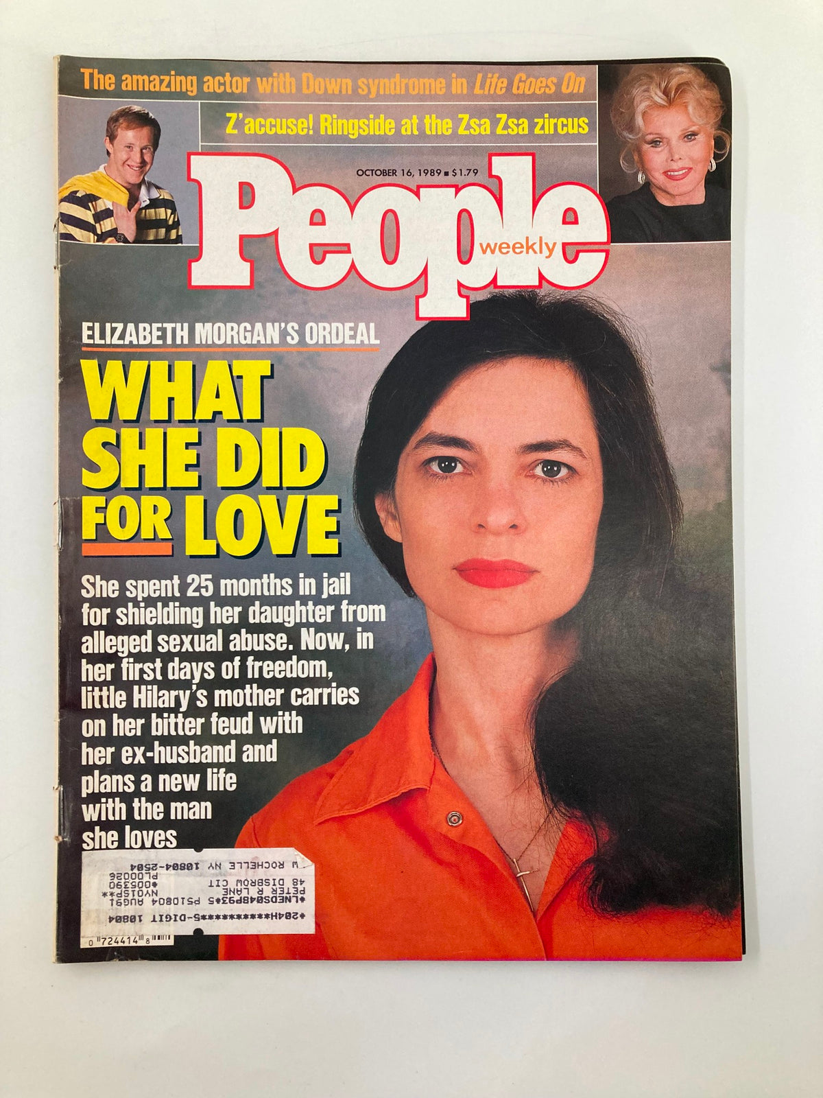 Front cover of People Weekly Magazine dated October 16, 1989, featuring a headline about Elizabeth Morgan's ordeal titled 'What She Did For Love'. The cover also highlights Zsa Zsa Gabor and includes various text elements that capture the essence of celebrity culture in the late 1980s.