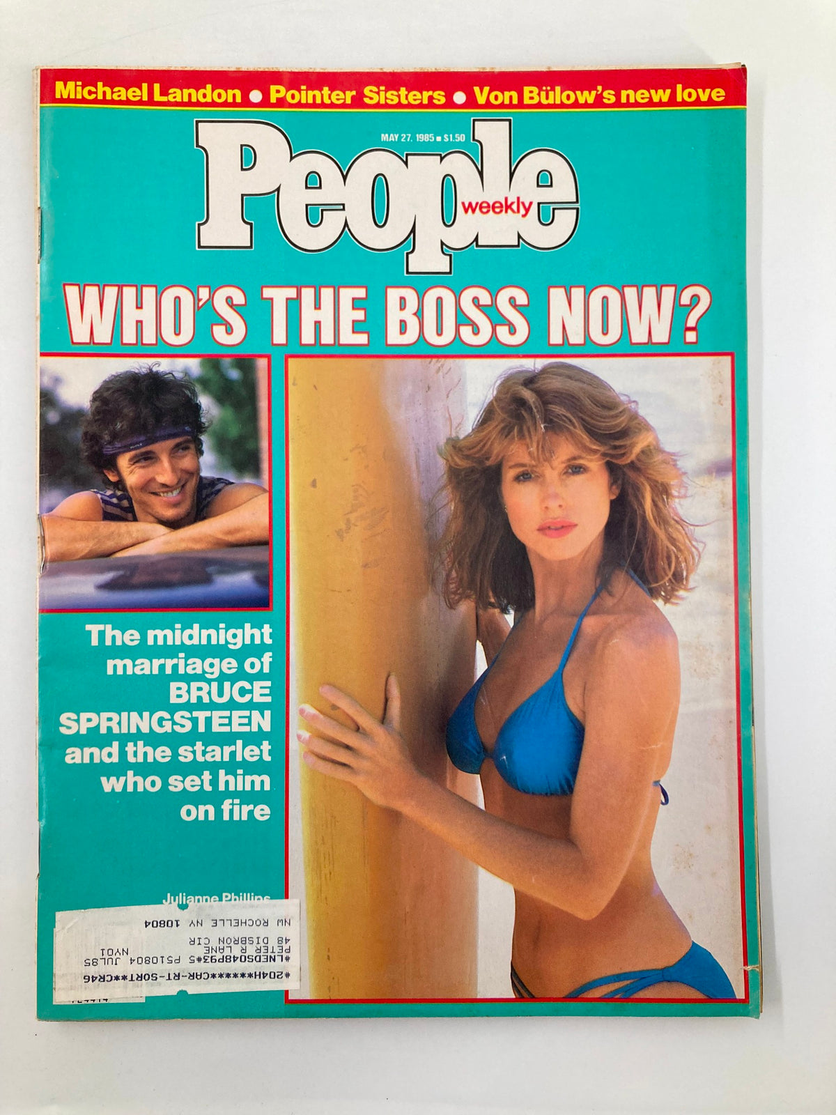 Cover of People Weekly Magazine from May 27, 1985 featuring Bruce Springsteen and Julianne Phillips with the title 'Who's the Boss Now?' showcasing their iconic status in pop culture.