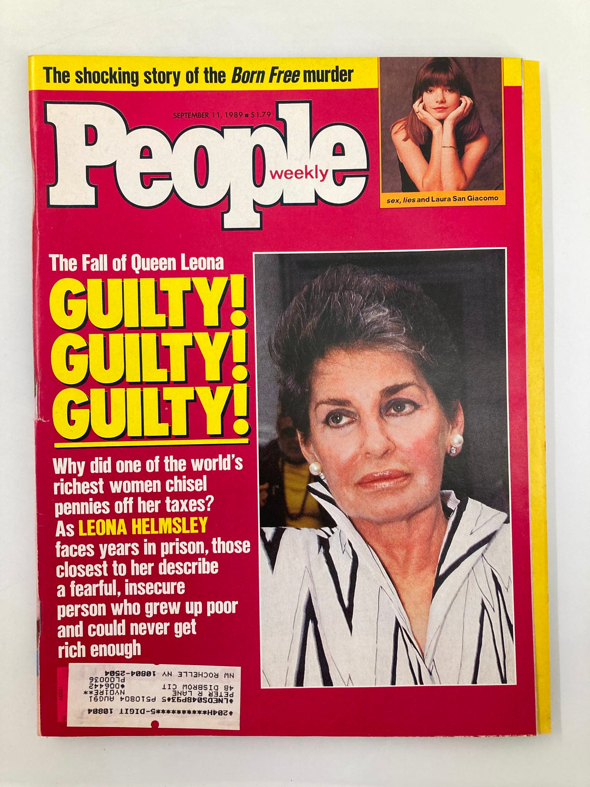 Cover of People Weekly Magazine dated September 11, 1989, featuring Leona Helmsley with the headline 'The Fall of Queen Leona: GUILTY! GUILTY! GUILTY!' and a feature on actress Laura San Giacomo in the corner.