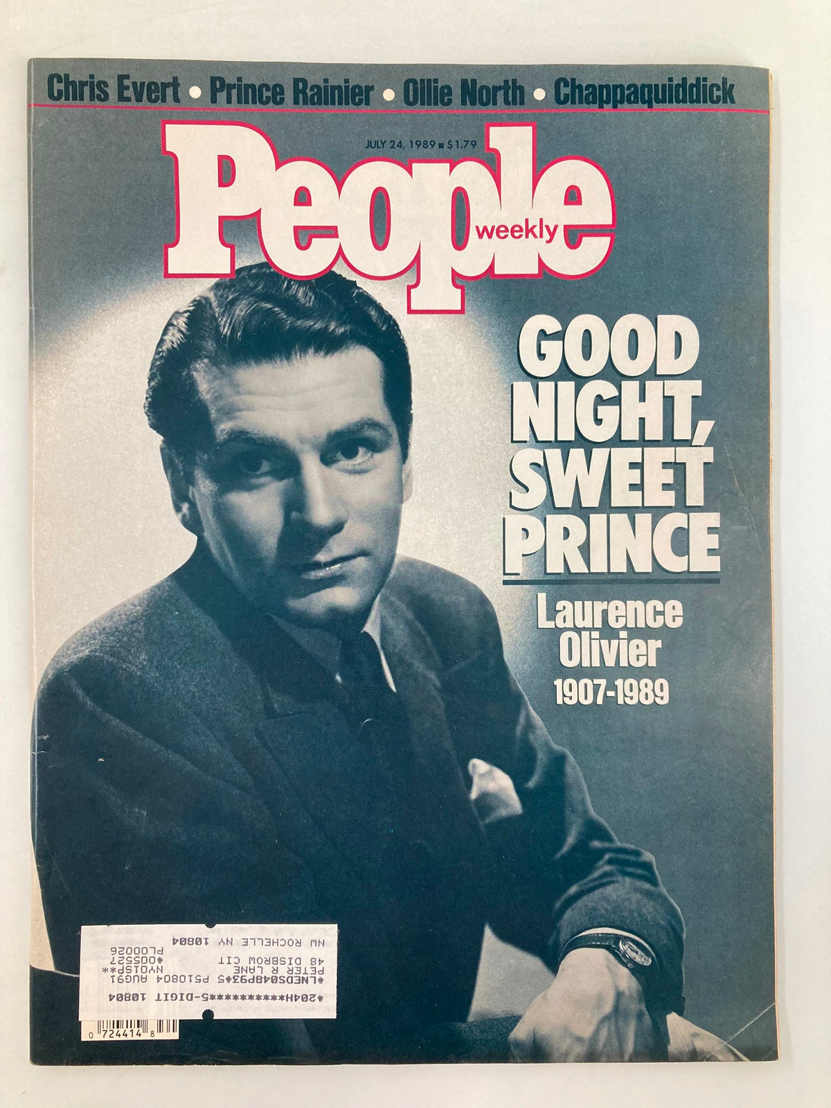 Vintage People Weekly Magazine from July 24, 1989, featuring Laurence Olivier, with the headline 'Good Night, Sweet Prince.' The magazine cover showcases a black and white image of Olivier, highlighting his legacy as a renowned actor and director, commemorating his life and contributions to film and theater.