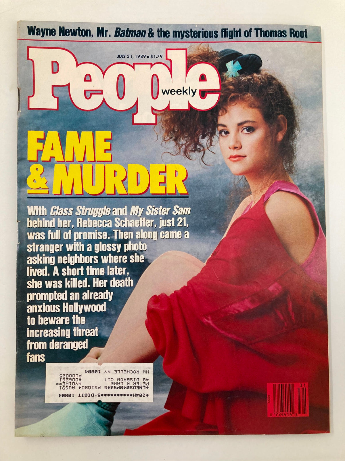 Cover of People Weekly Magazine from July 31, 1989, featuring the title 'FAME & MURDER' and an article about actress Rebecca Schaeffer, highlighting her tragic death and the cultural implications of celebrity culture.
