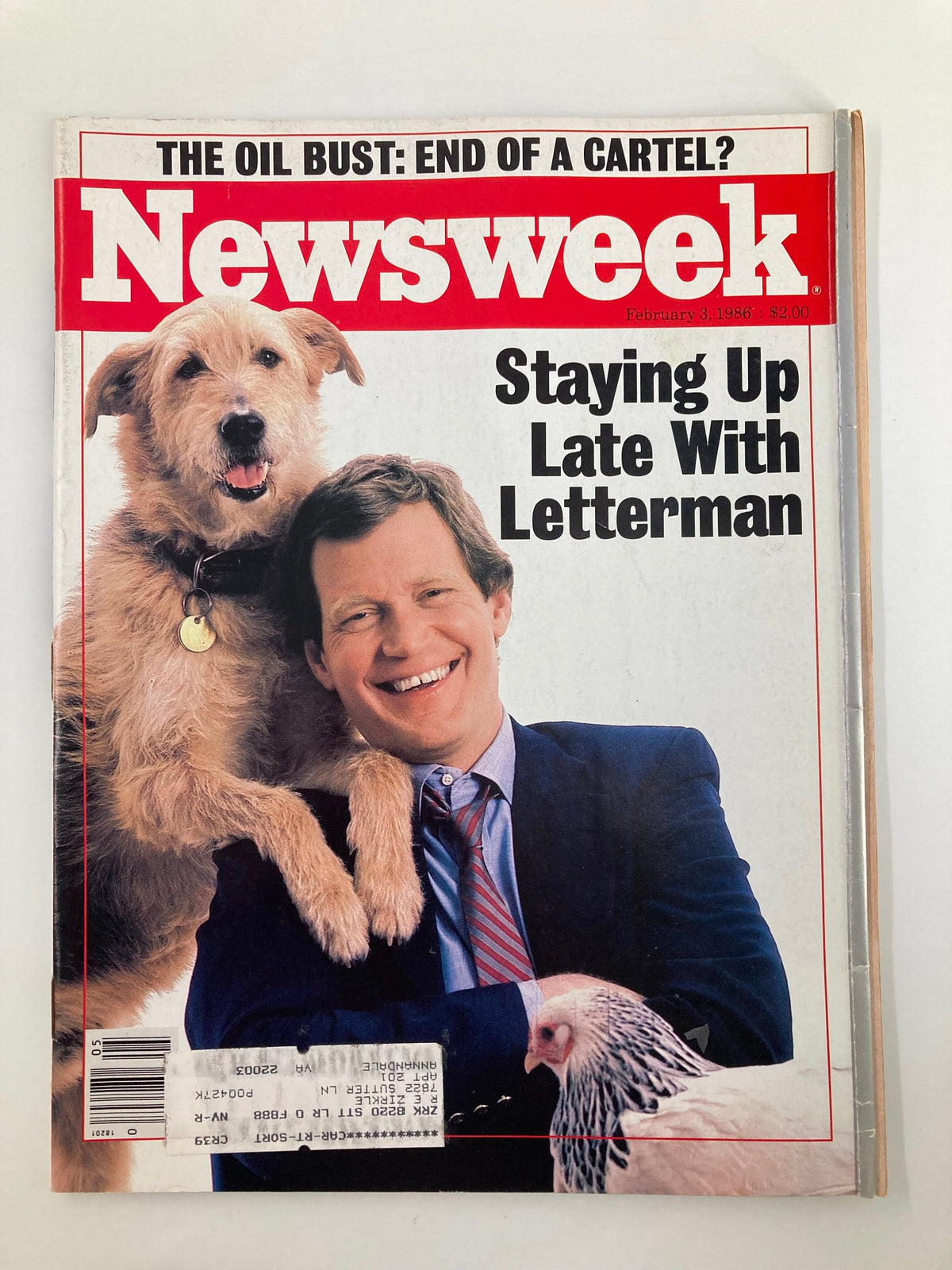 Vintage Newsweek magazine cover from February 3, 1986, featuring 'Staying Up Late with Letterman' with David Letterman smiling alongside dogs and a chicken.