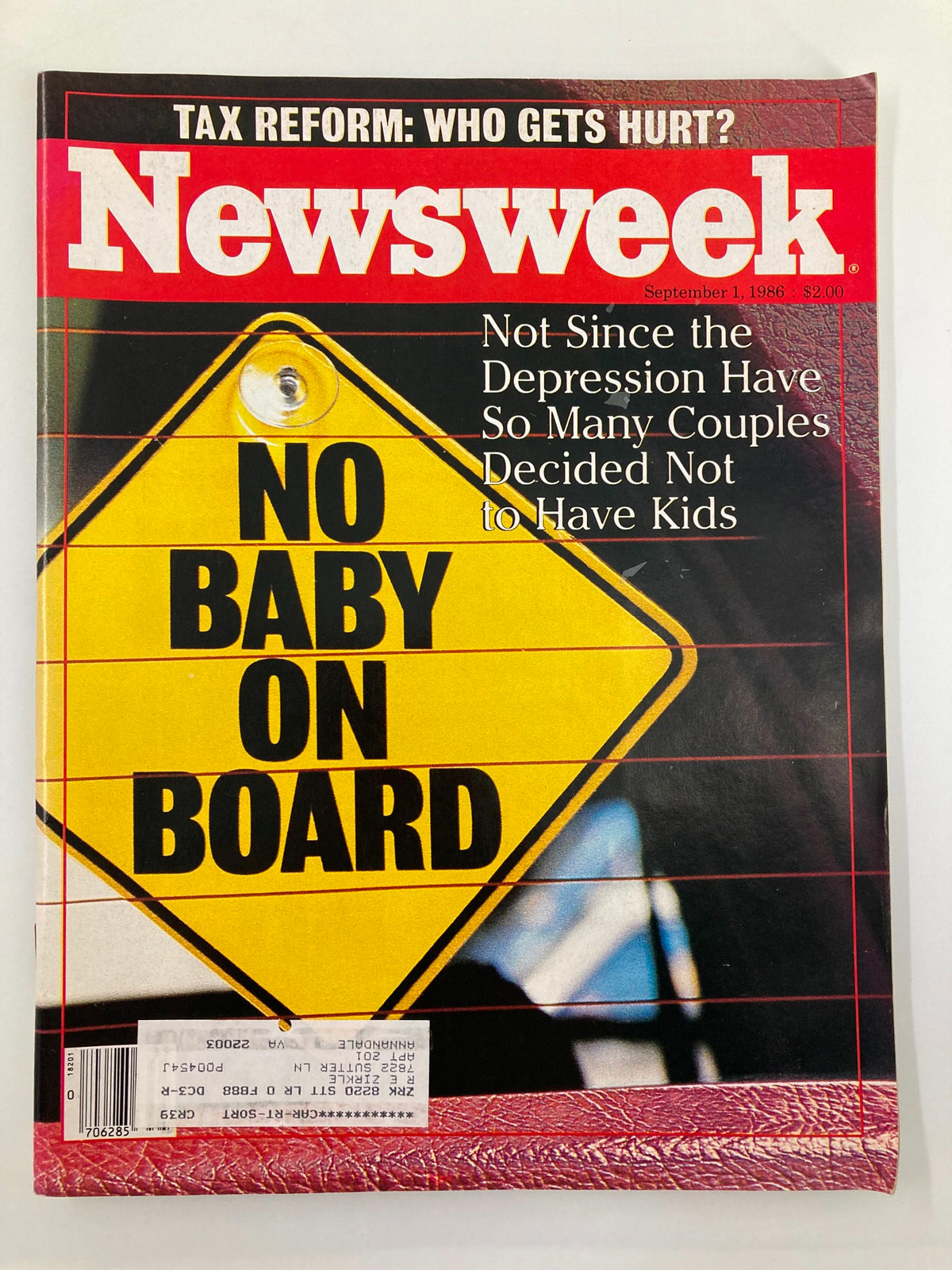 Cover of VTG Newsweek Magazine from September 1, 1986, featuring the article on tax reform titled 'Who Gets Hurt?' with a prominent 'No Baby On Board' graphic.