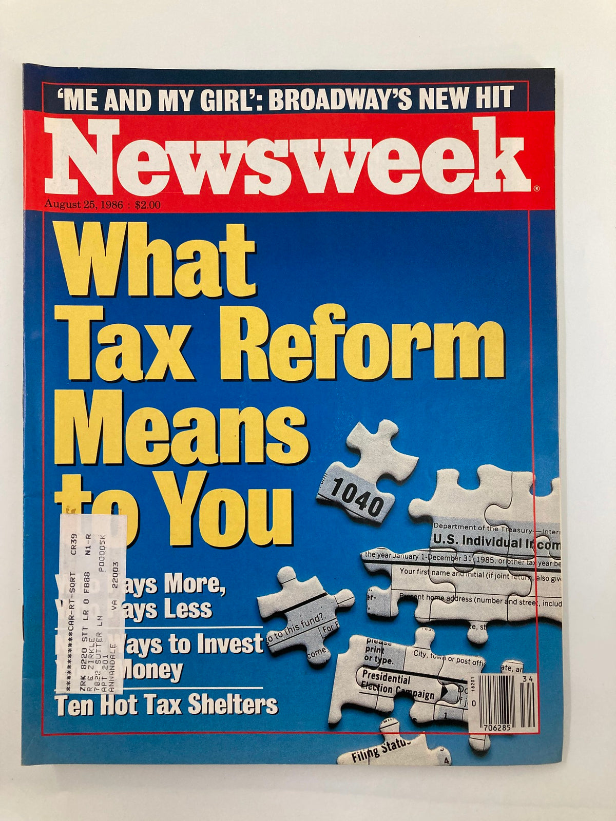 Cover of the VTG Newsweek Magazine from August 25, 1986, titled 'What Tax Reform Means to You' showcasing a bold blue background, large yellow text, and featured articles on tax reform.