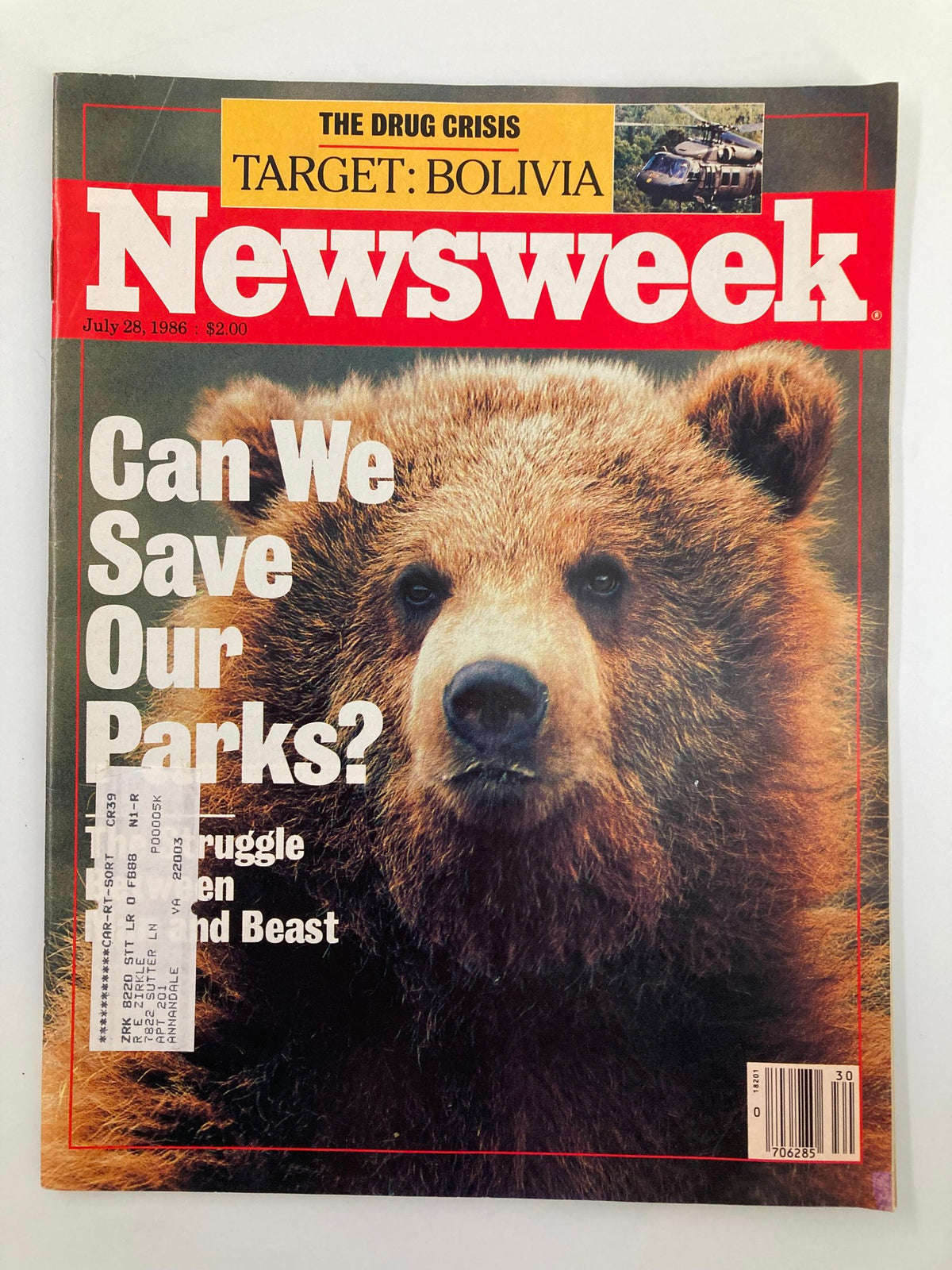 Vintage Newsweek magazine cover from July 28, 1986, featuring a bear and the headline 'The Drug Crisis: Target Bolivia'. The magazine explores socio-political issues of the 1980s.